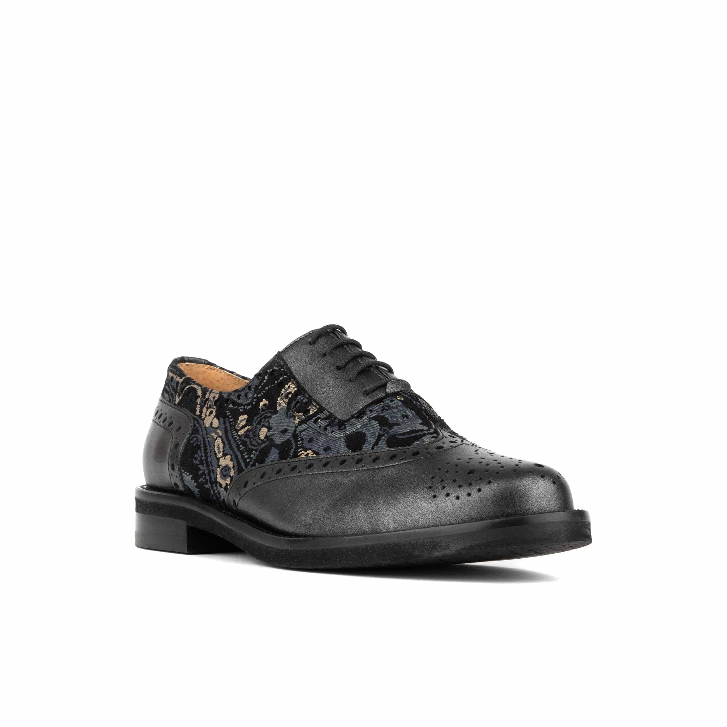 Vivienne - Black & Grey & Gold - Women's oxford lace-up shoe with brogue details