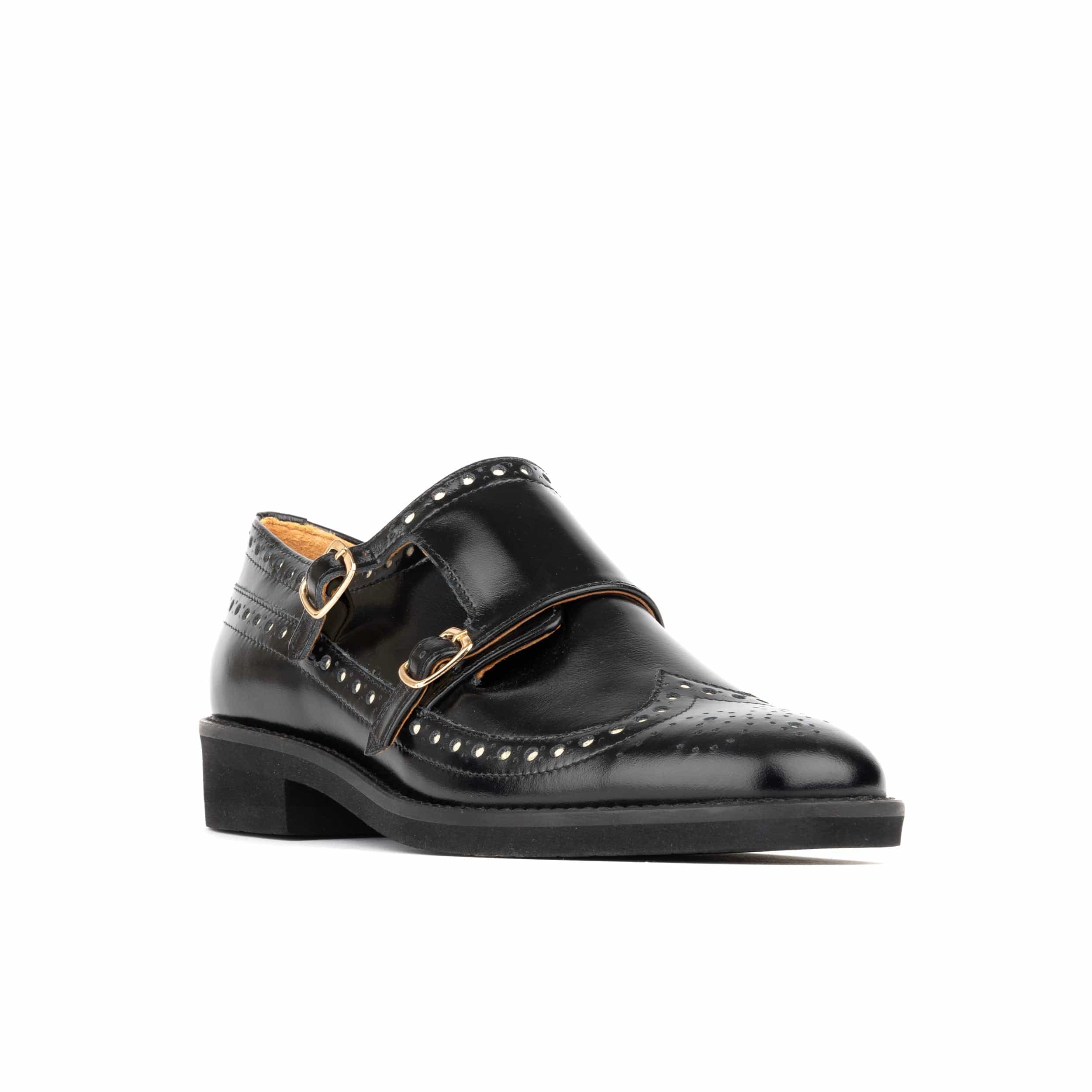 Windsor - Black - Women's leather square toe monk shoe with brogue detailing