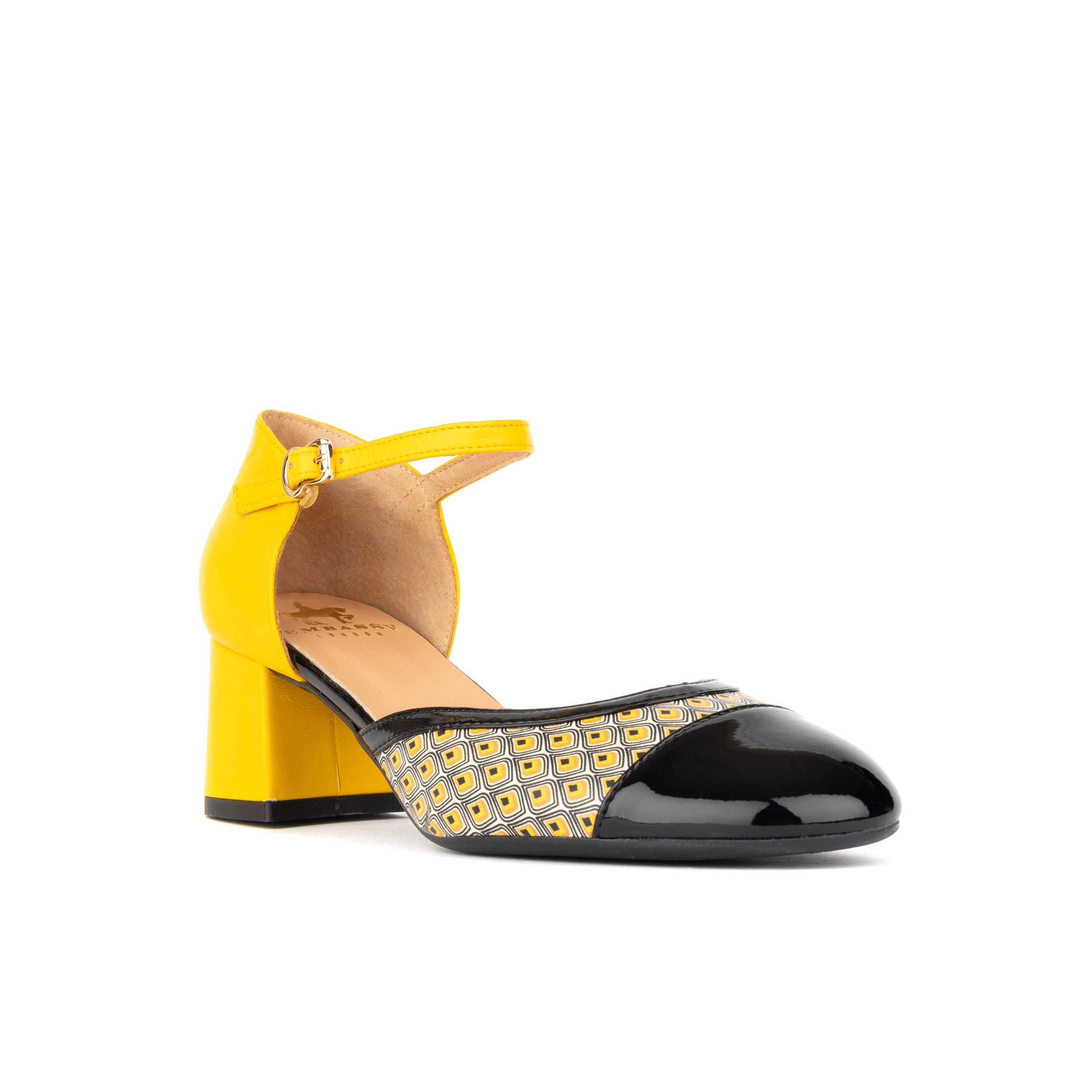 Kemi - Black & Yellow - Women's Leather Almond-Toe Block Heel