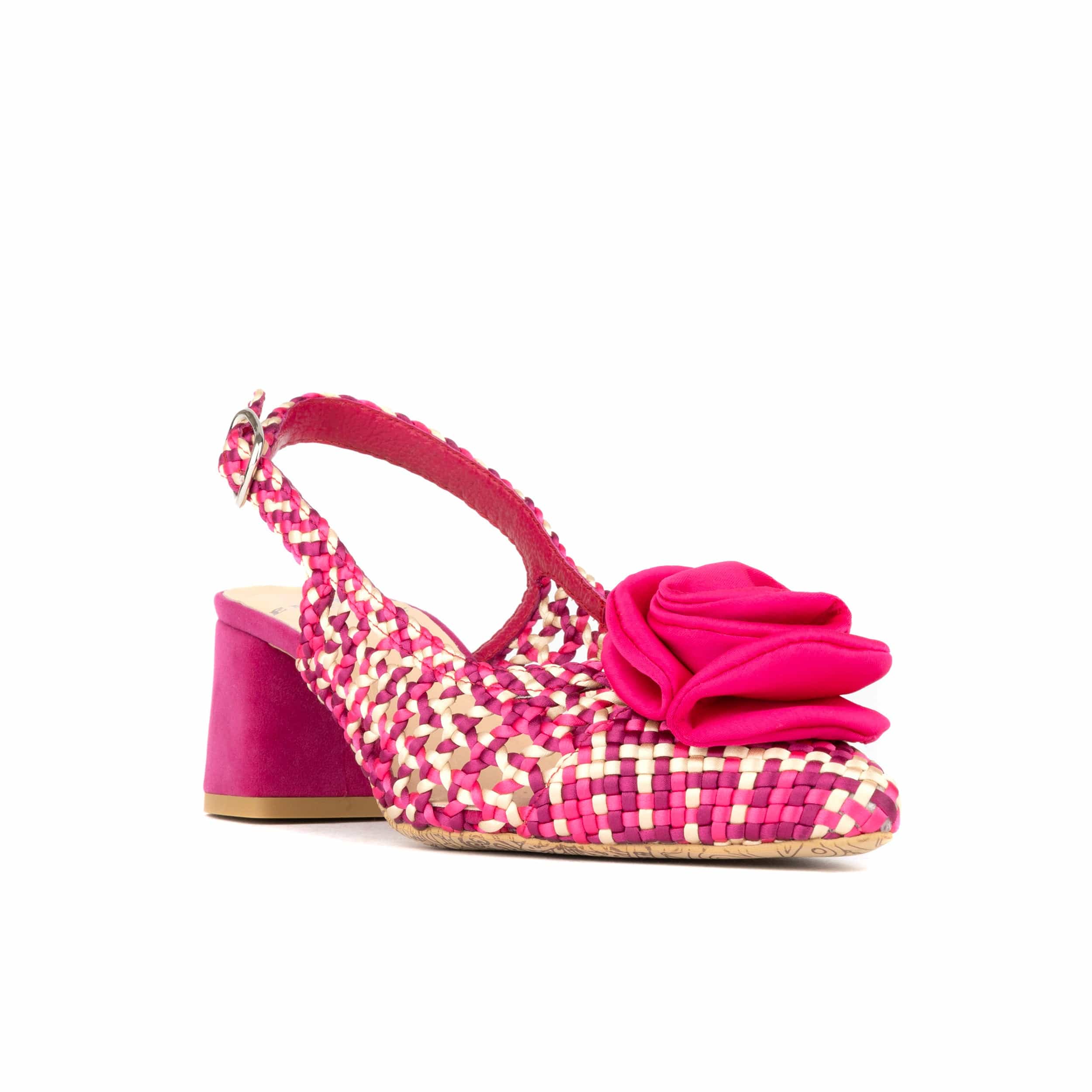 Velora - Pink - Women's mid heel sling back sandal with woven leather upper and satin bow