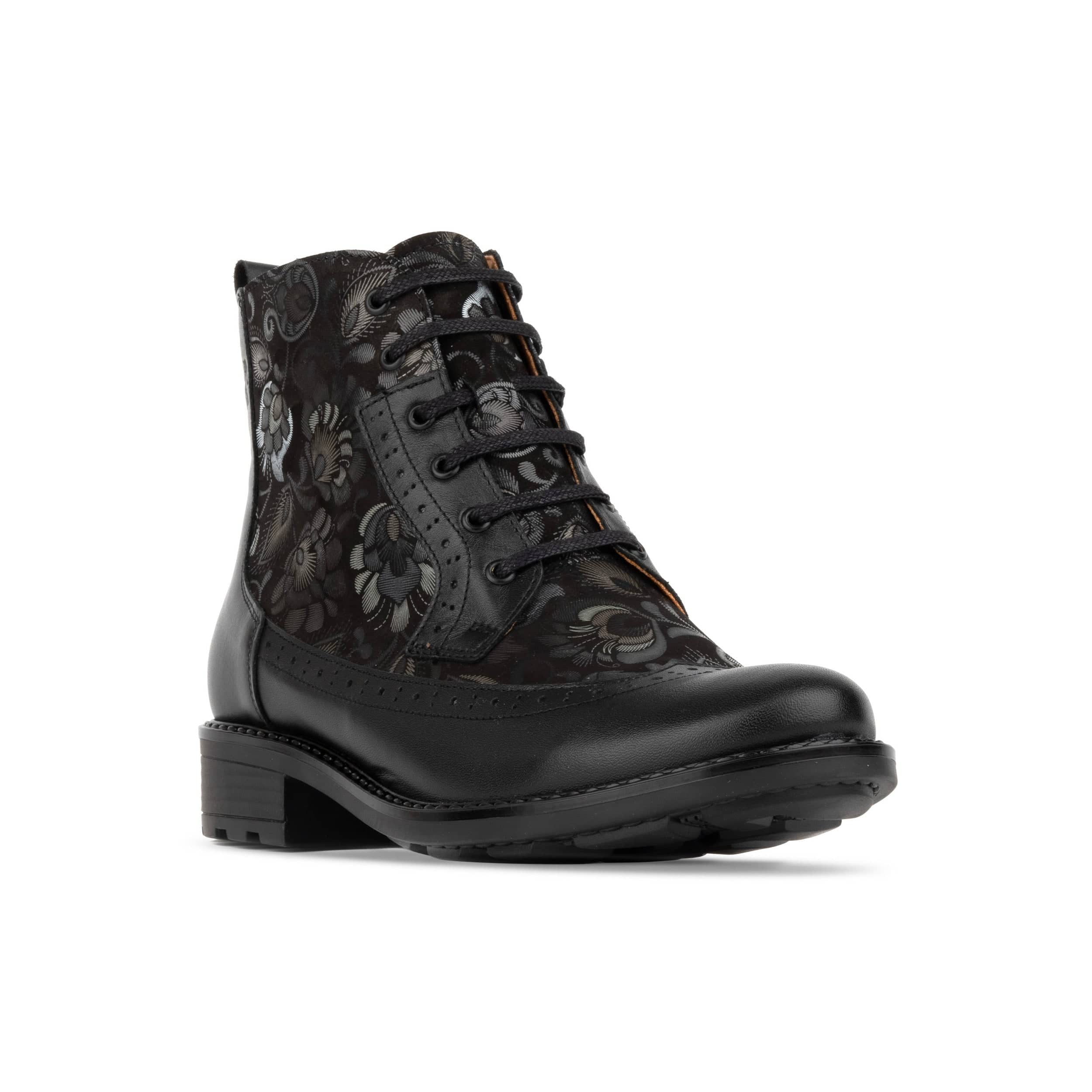 Milliner - Black Emboss - Women's leather round toe rubber sole ankle boot in black