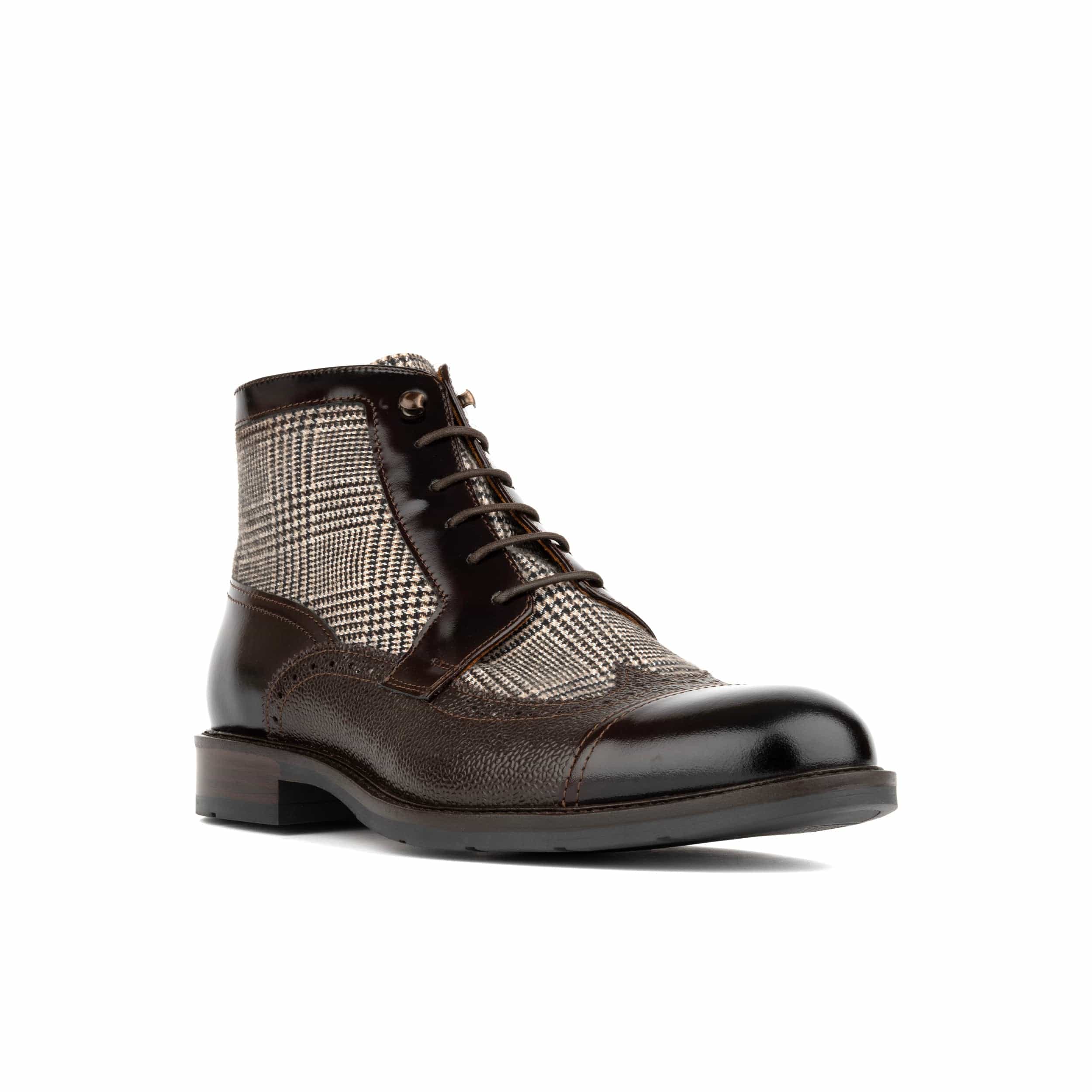 Charles - Brown Check - Men's toe cap dressy leather boot in leather and textile