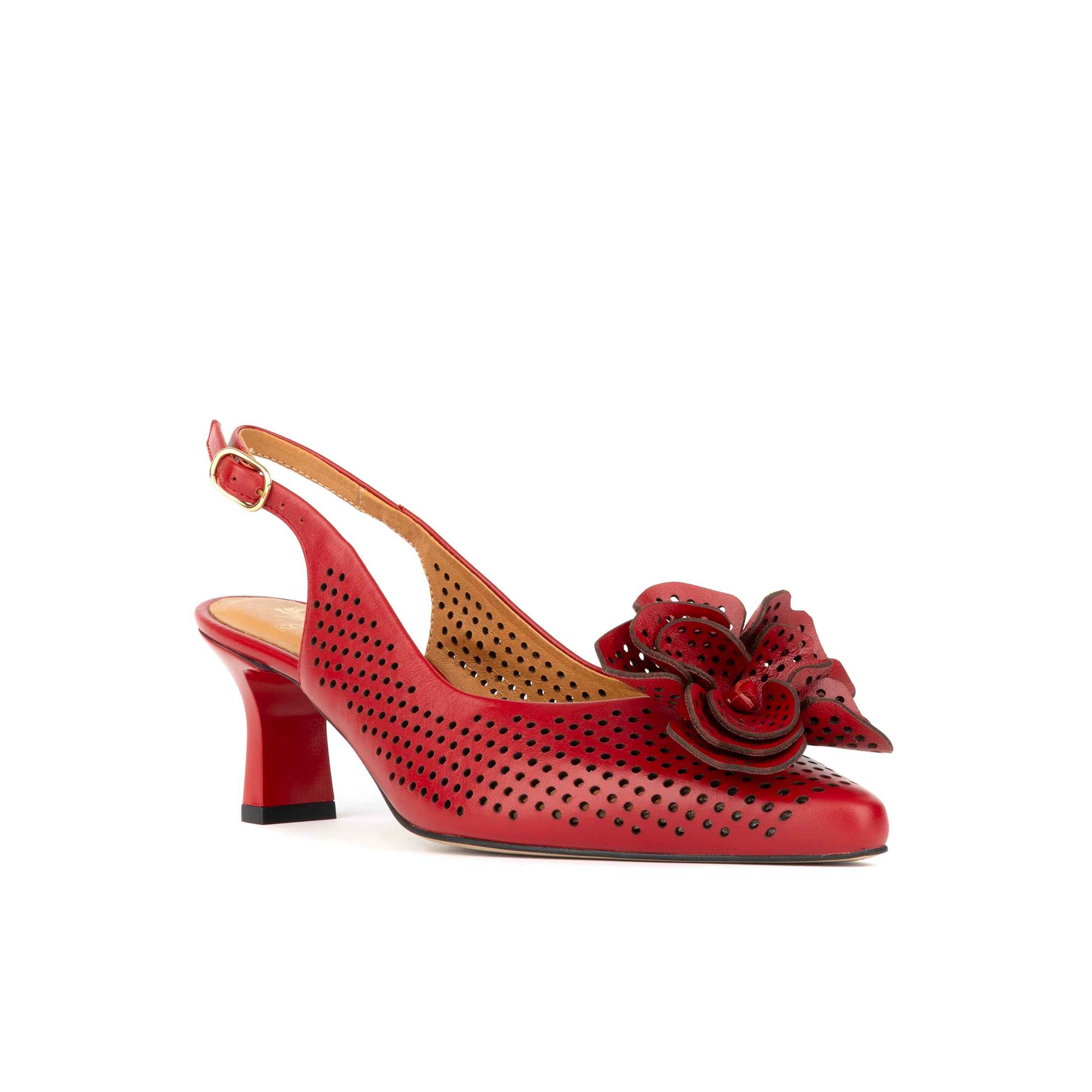 Florence - Red - Women's Leather Slingback Heel with Flower Detail