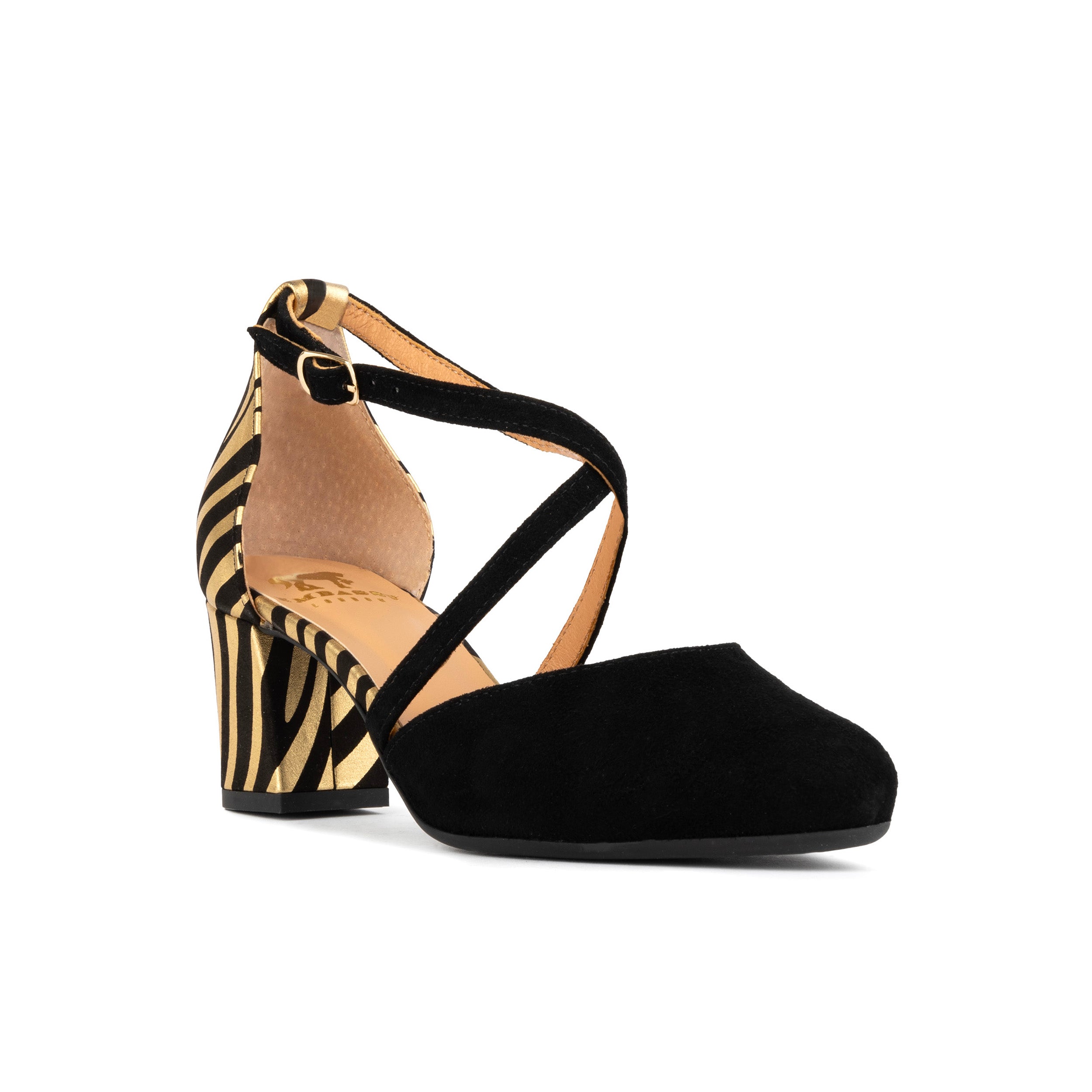 Dannii - Black & Gold Stripes - Women's leather closed-toe block heel with gold foil details