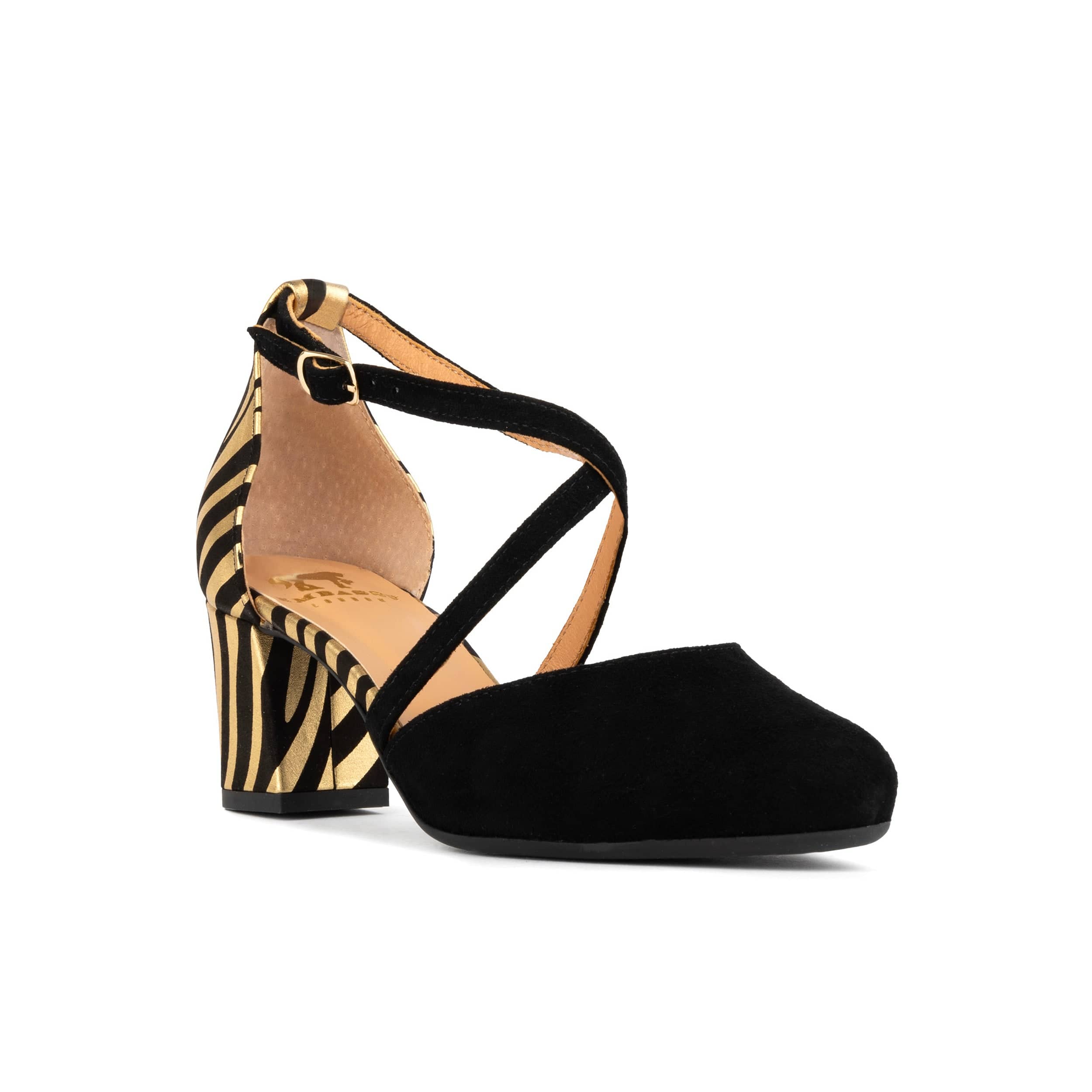 Dannii - Black & Gold Stripes - Women's leather closed-toe block heel with gold foil details