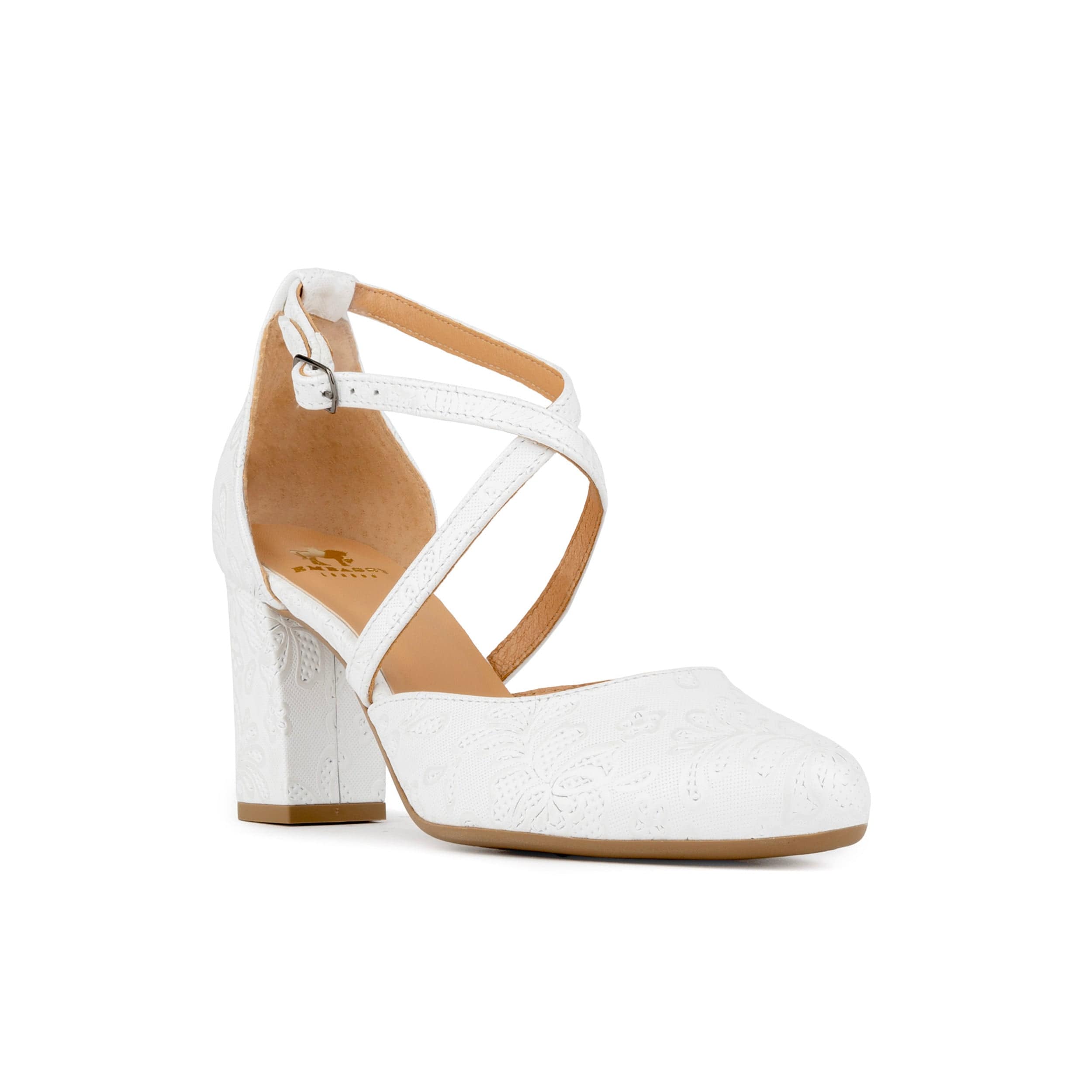 Kylie - Wedding White - Women's leather strappy 3 inch block heel in white floral emboss leather