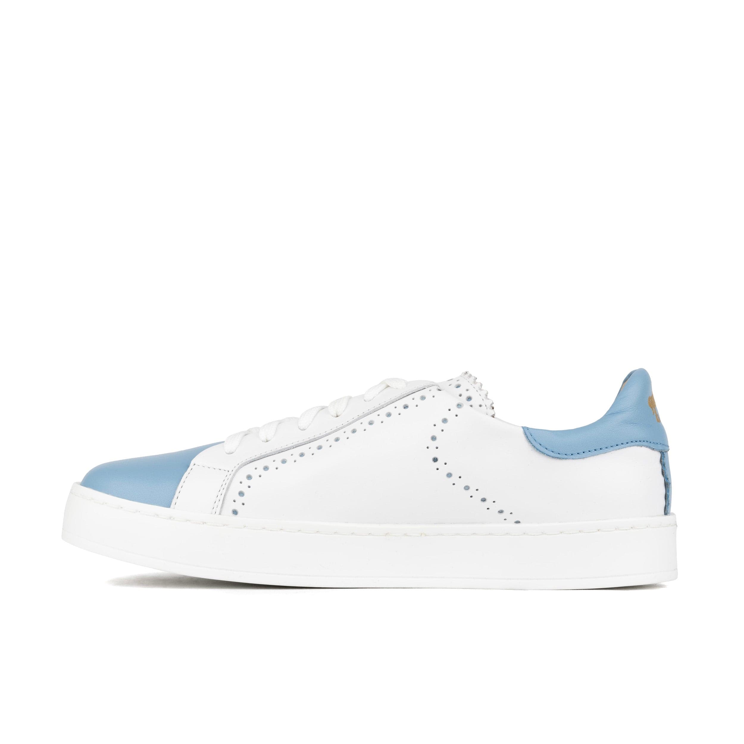 Serena - White & Blue - Women’s Leather Trainer with Brogue Details