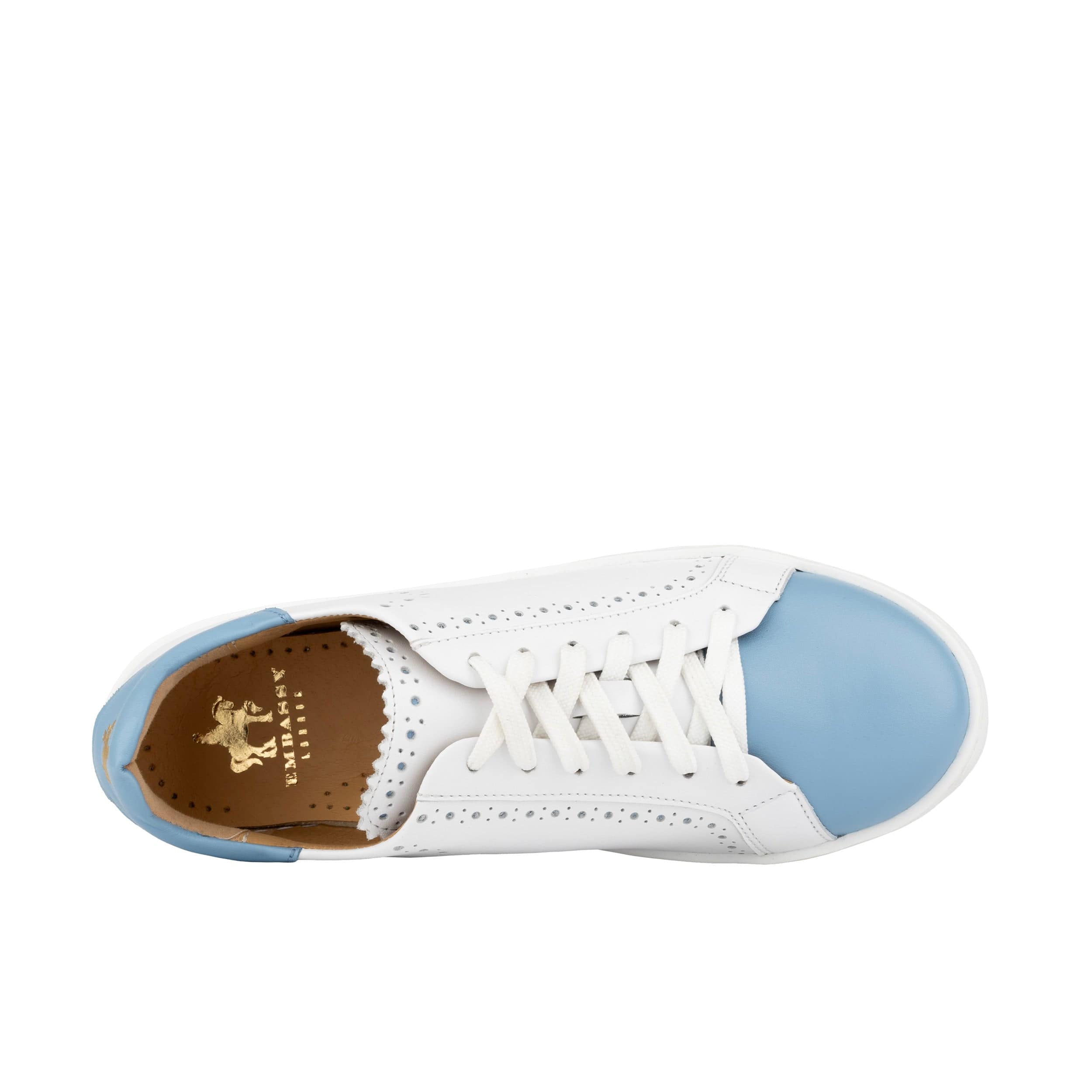 Serena - White & Blue - Women’s Leather Trainer with Brogue Details