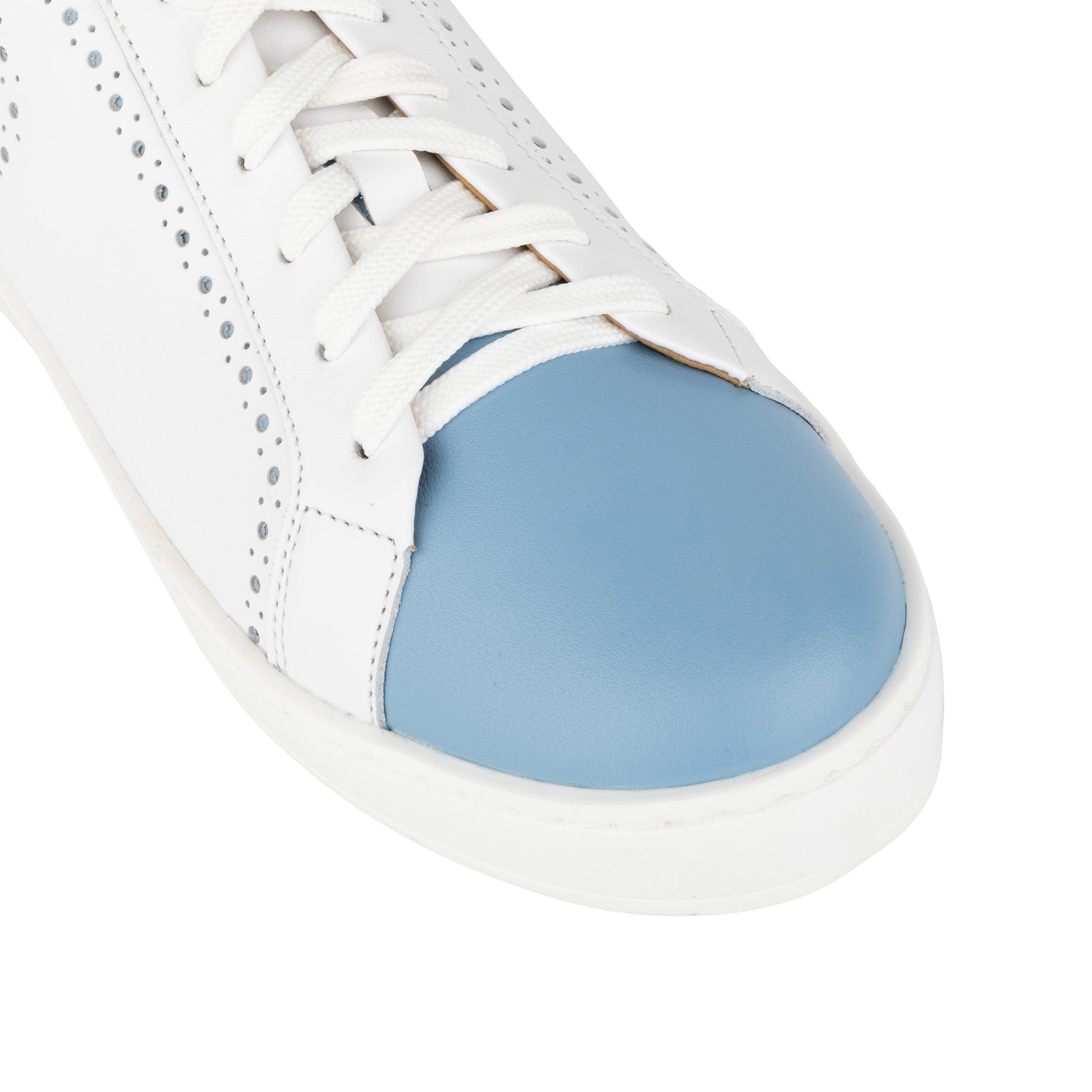 Serena - White & Blue - Women’s Leather Trainer with Brogue Details