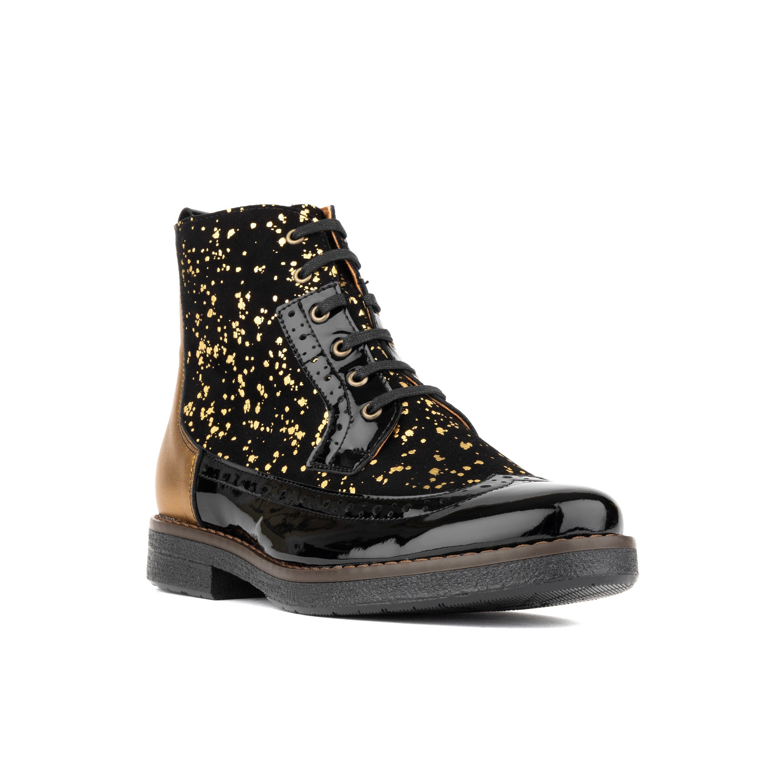 Hatter - Gold Drops - Women's ankle boot in golden paint drops on black leather