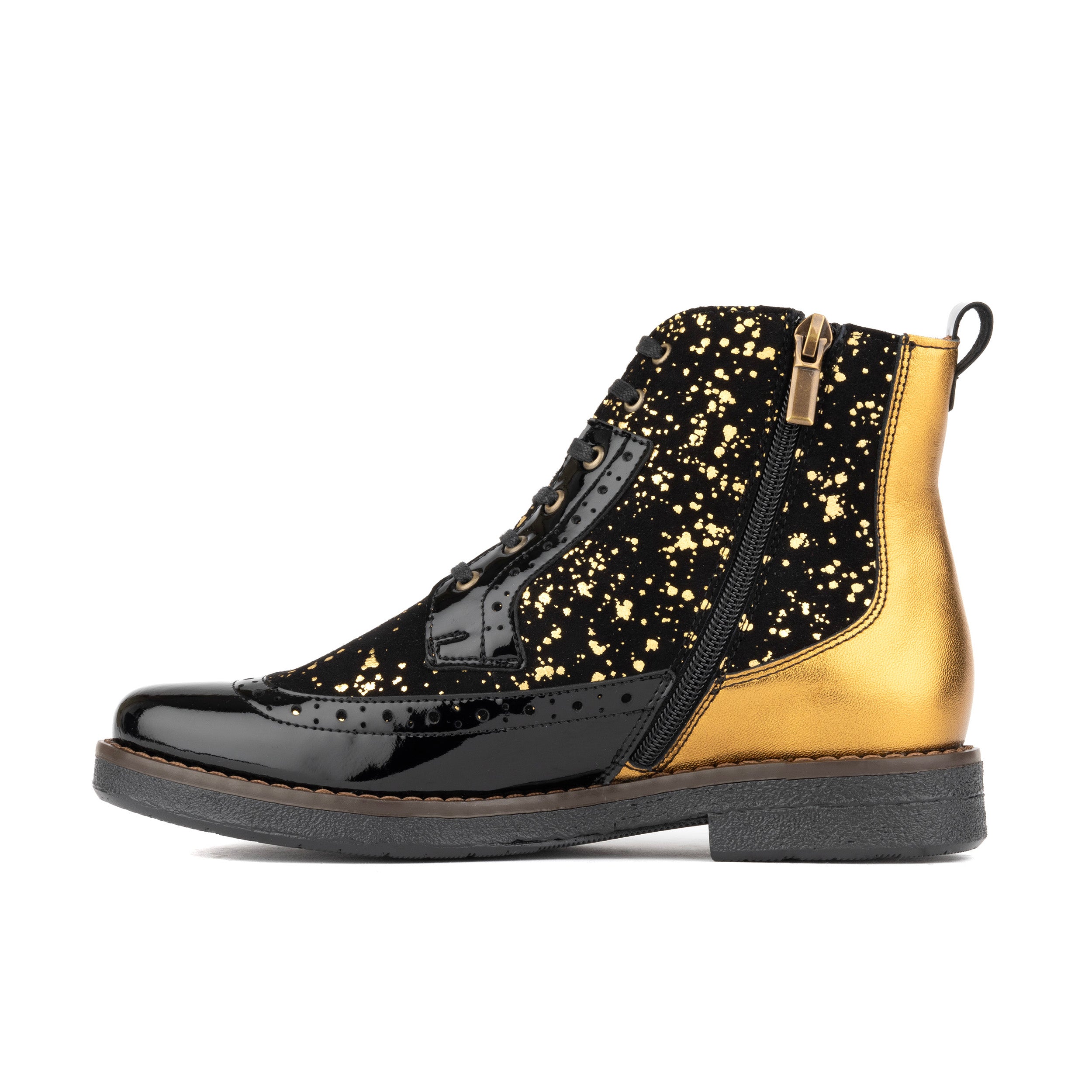 Hatter - Gold Drops - Women's ankle boot in golden paint drops on black leather