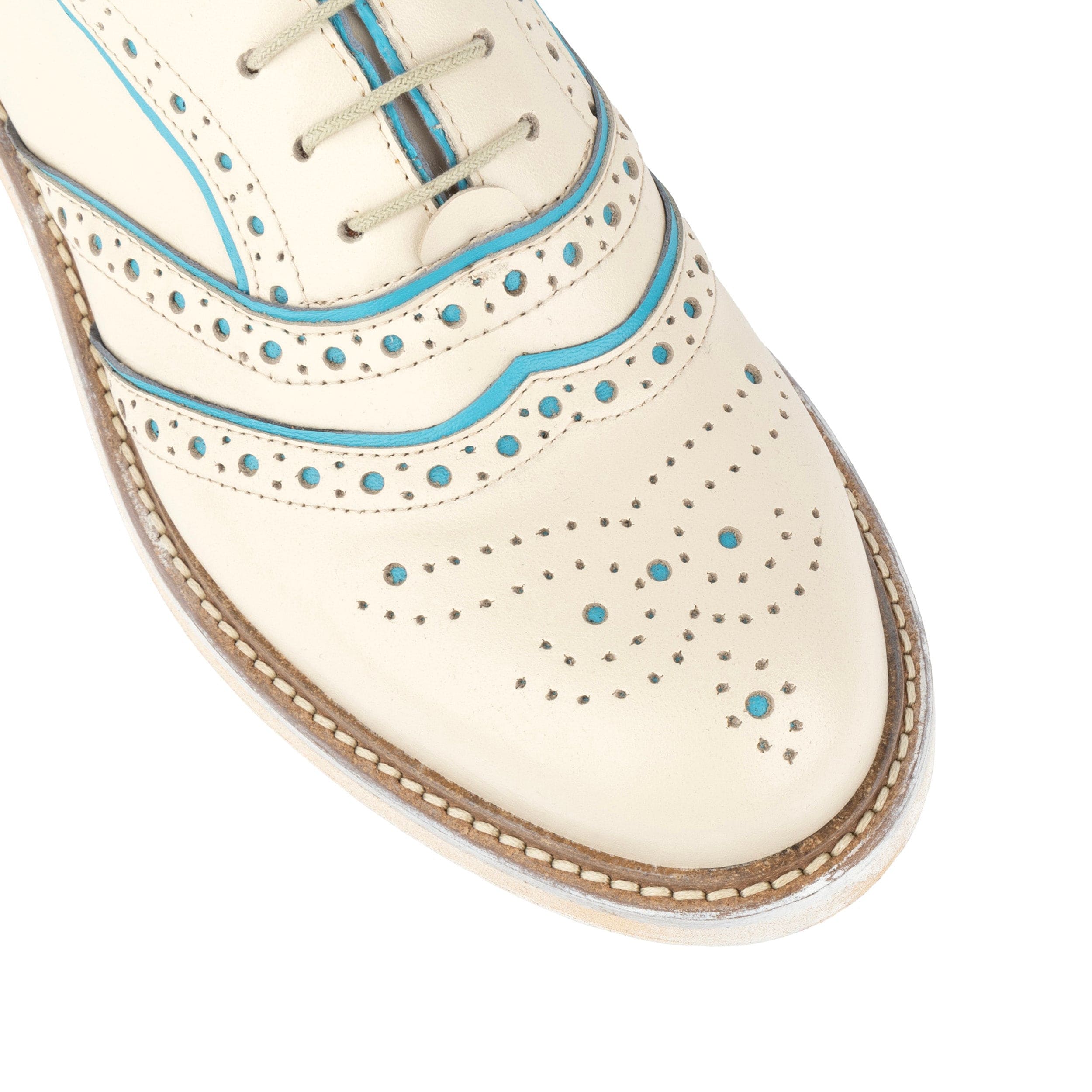 Brick Lane - White & Light Blue - Women's contrast leather lace-up brogue