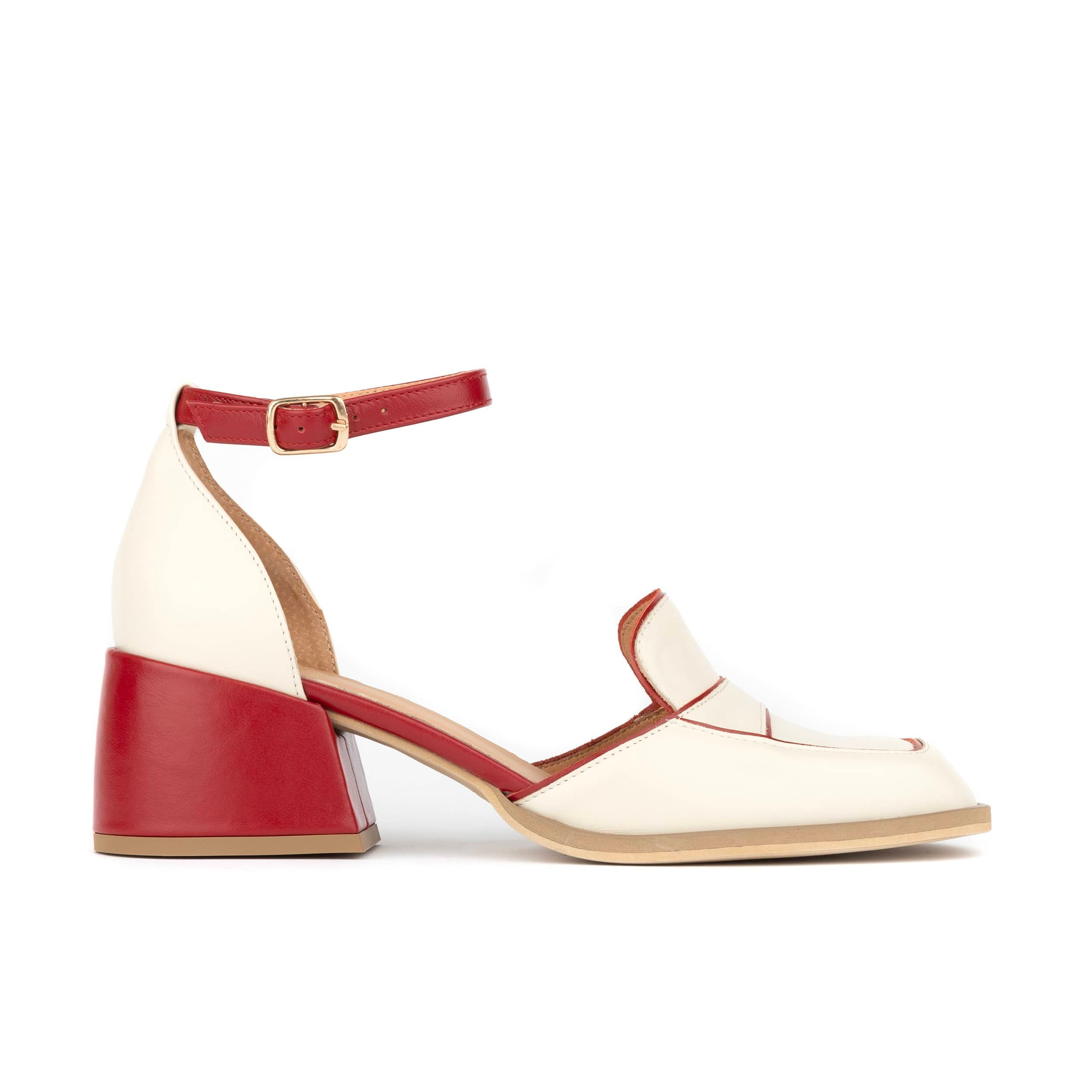 Mayfair - Red & Cream - Women's square toe leather 2 inch heel sandal