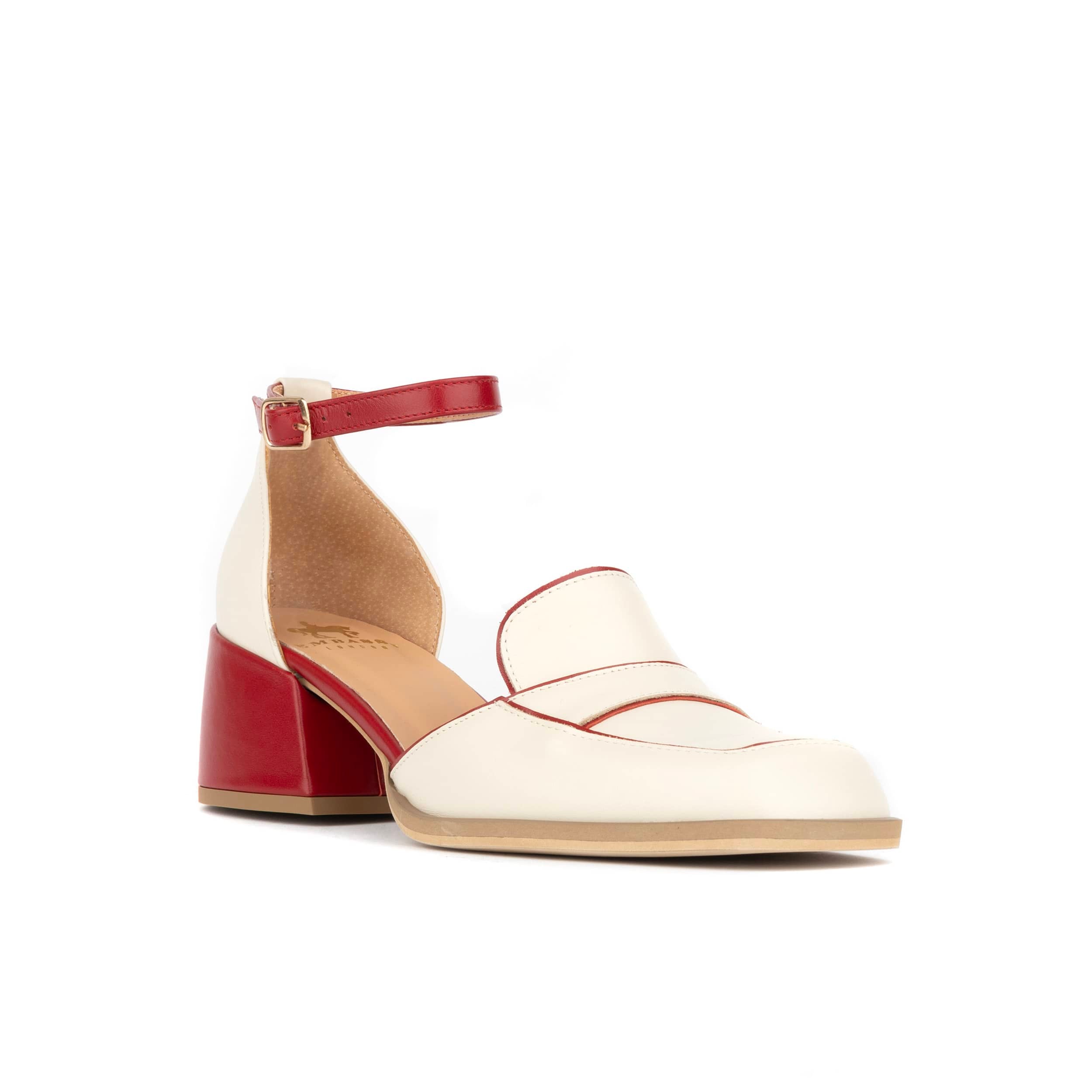 Mayfair - Red & Cream - Women's square toe leather 2 inch heel sandal