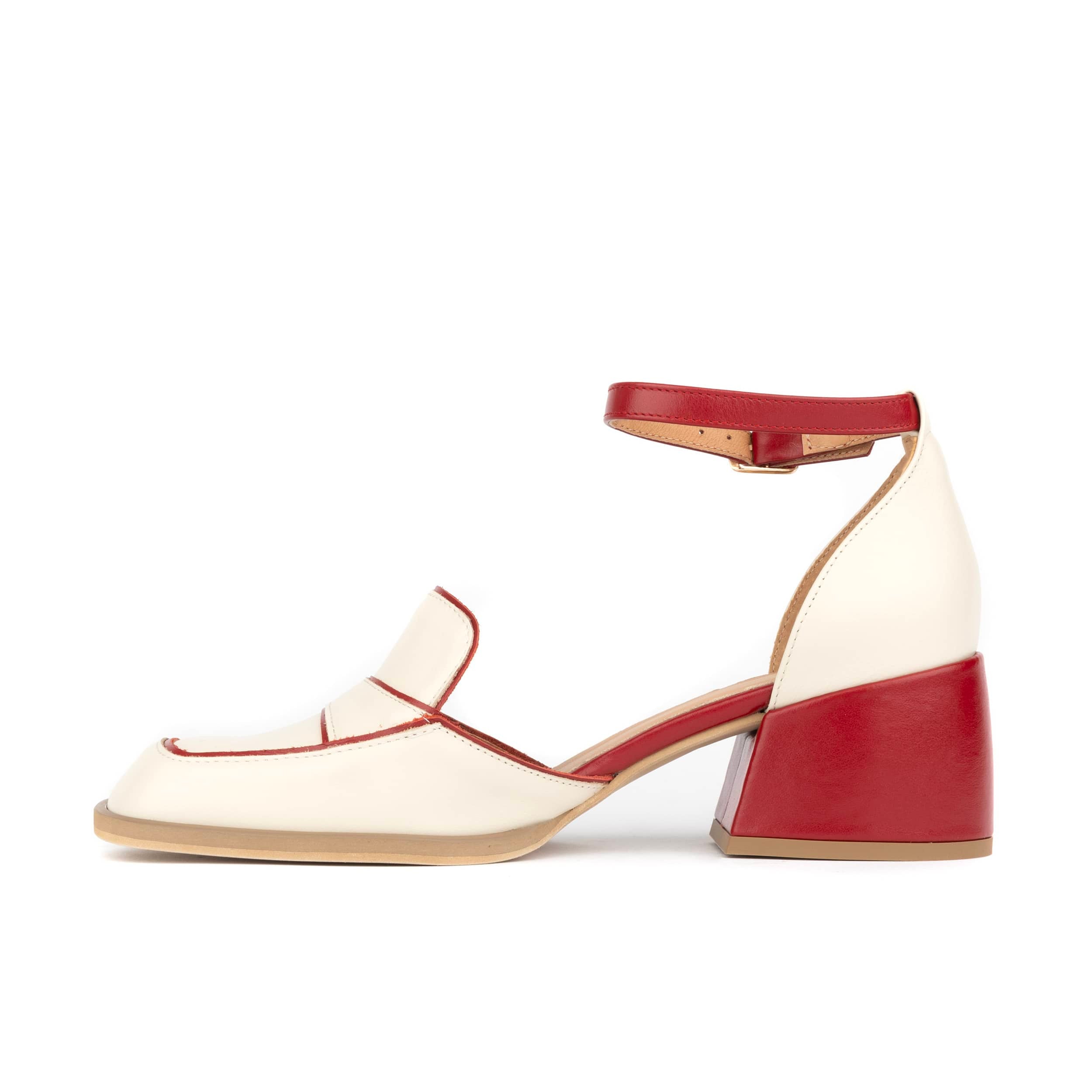 Mayfair - Red & Cream - Women's square toe leather 2 inch heel sandal