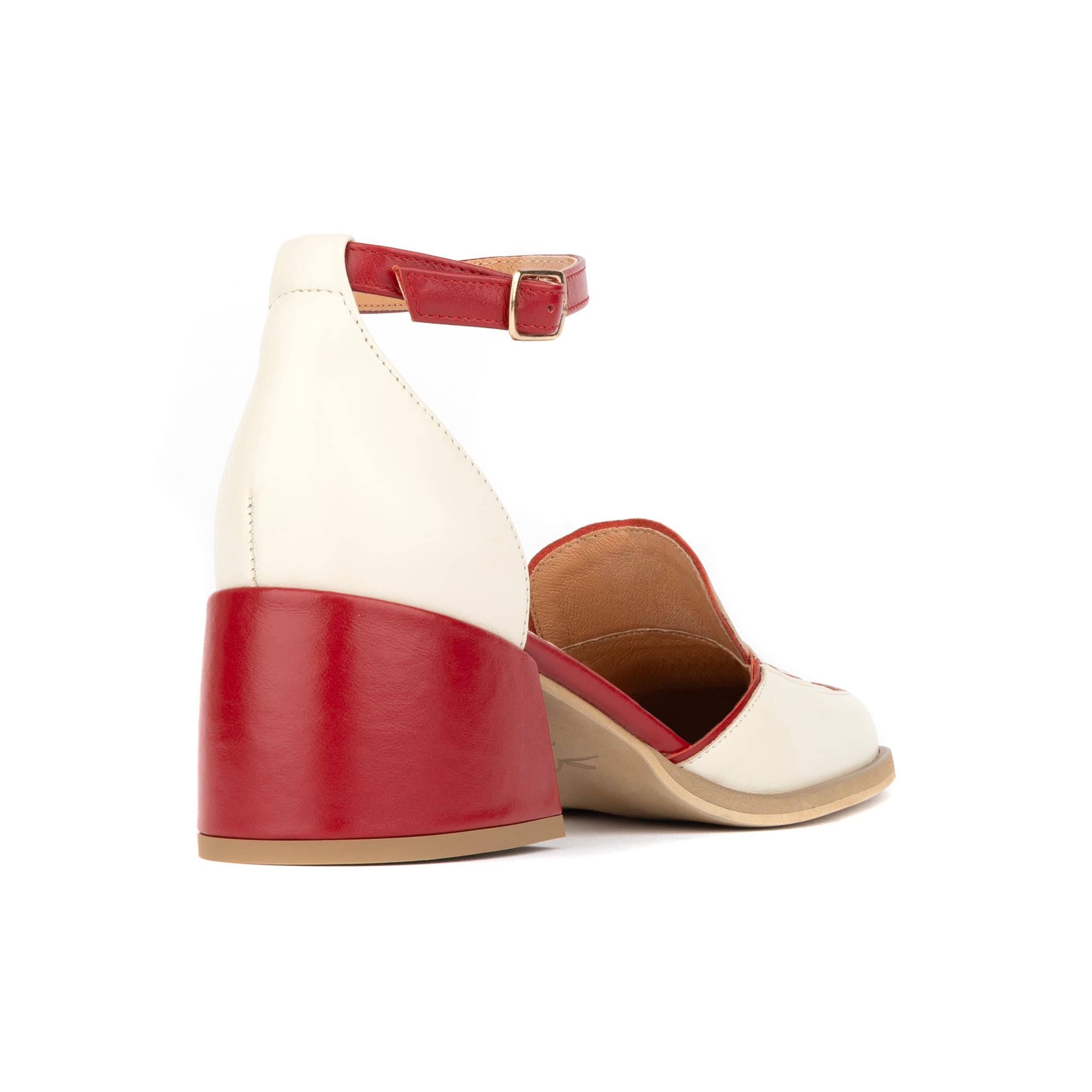 Mayfair - Red & Cream - Women's square toe leather 2 inch heel sandal