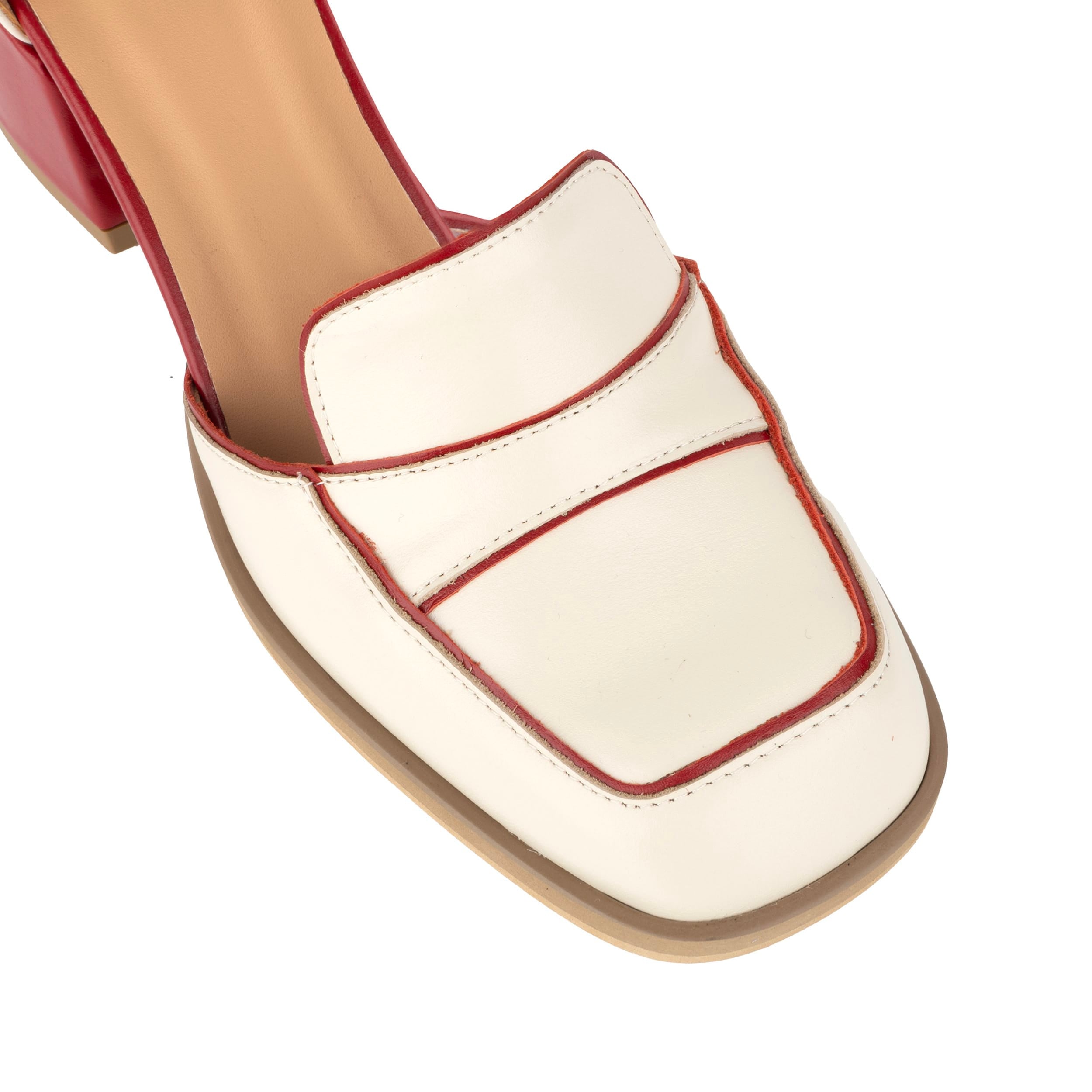 Mayfair - Red & Cream - Women's square toe leather 2 inch heel sandal
