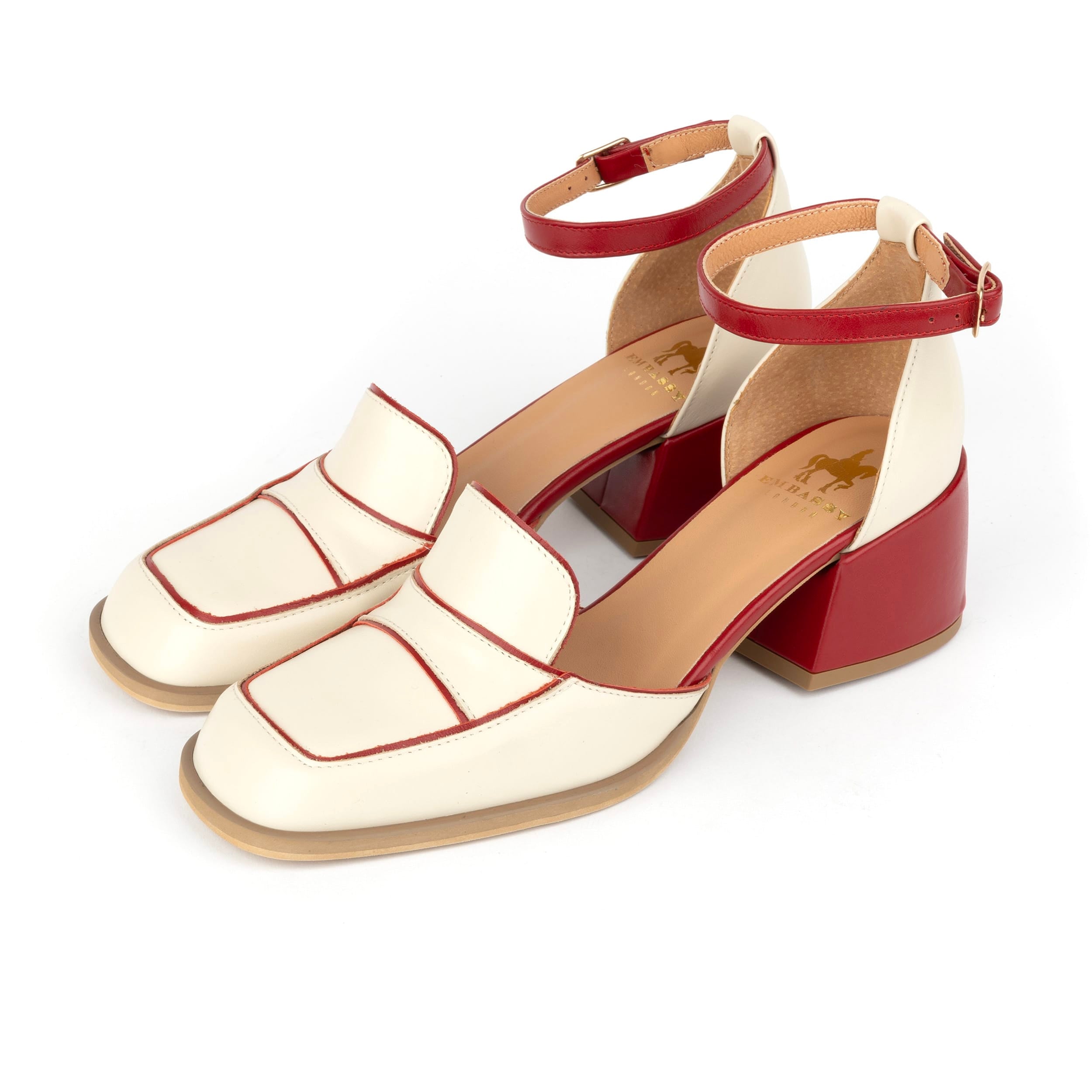 Mayfair - Red & Cream - Women's square toe leather 2 inch heel sandal