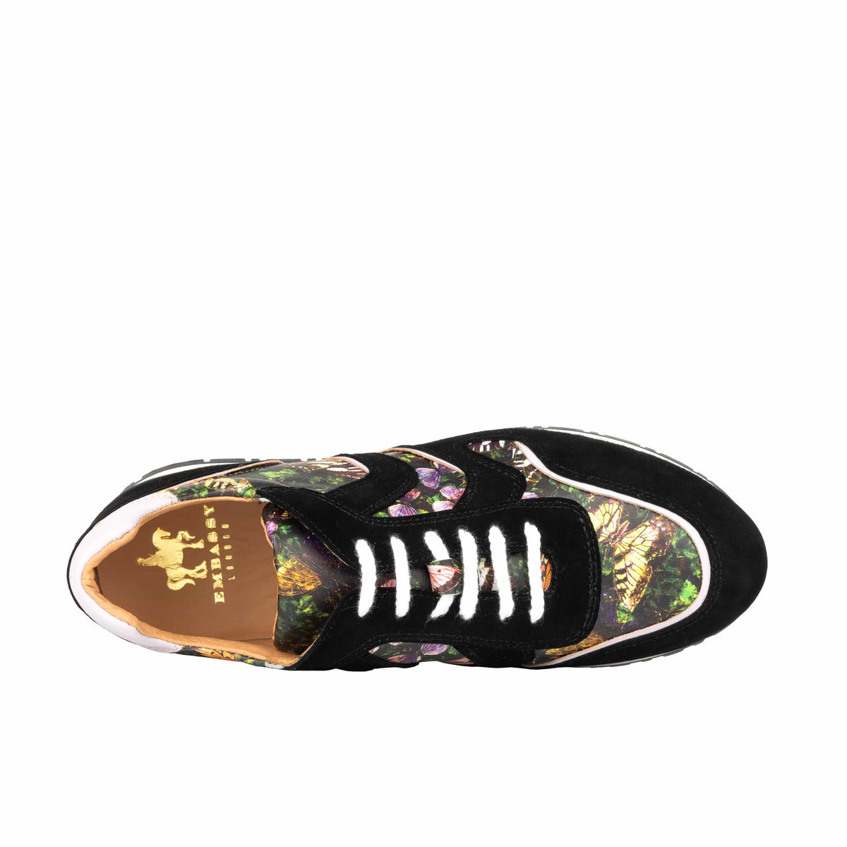 Savana - Black & Butterfly Print Women's athletic trainer with butterfly print leather and black suede