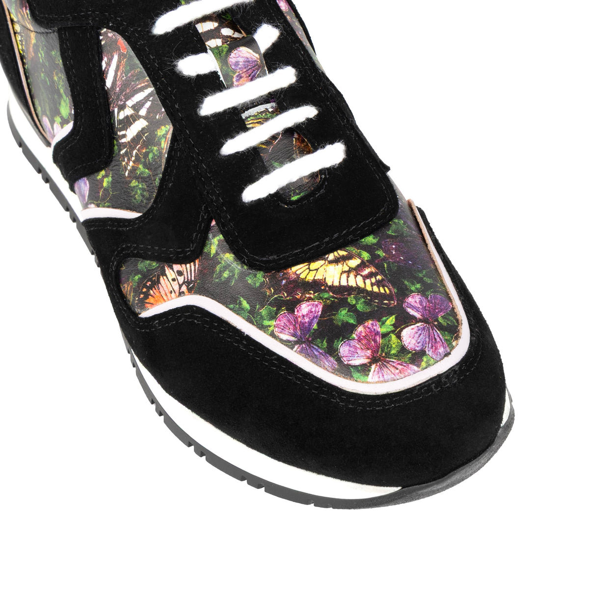 Savana - Black & Butterfly Print Women's athletic trainer with butterfly print leather and black suede