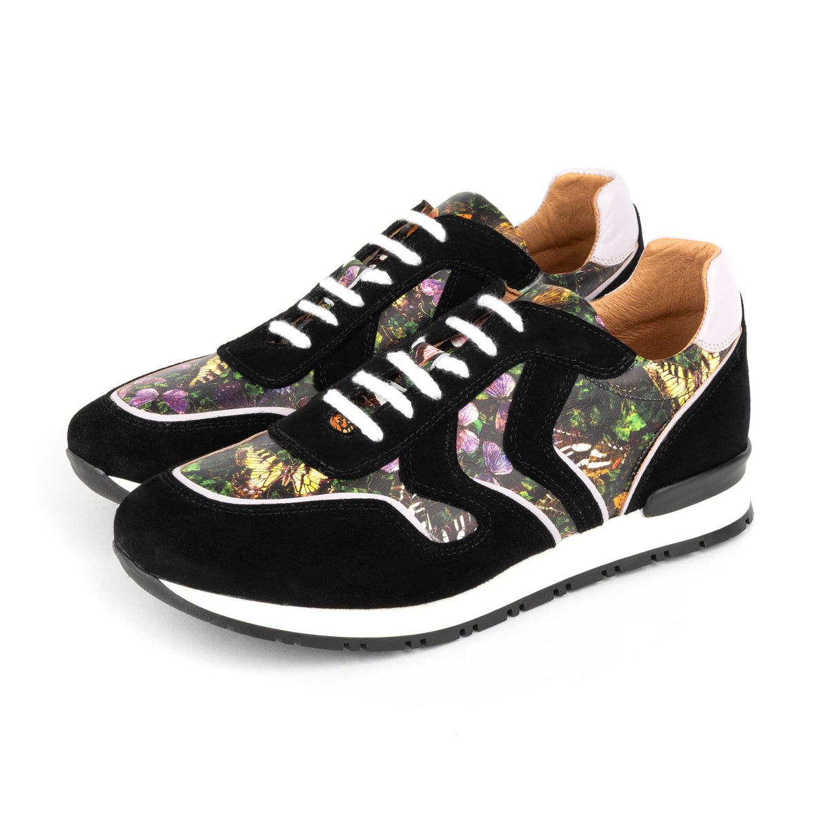 Savana - Black & Butterfly Print Women's athletic trainer with butterfly print leather and black suede