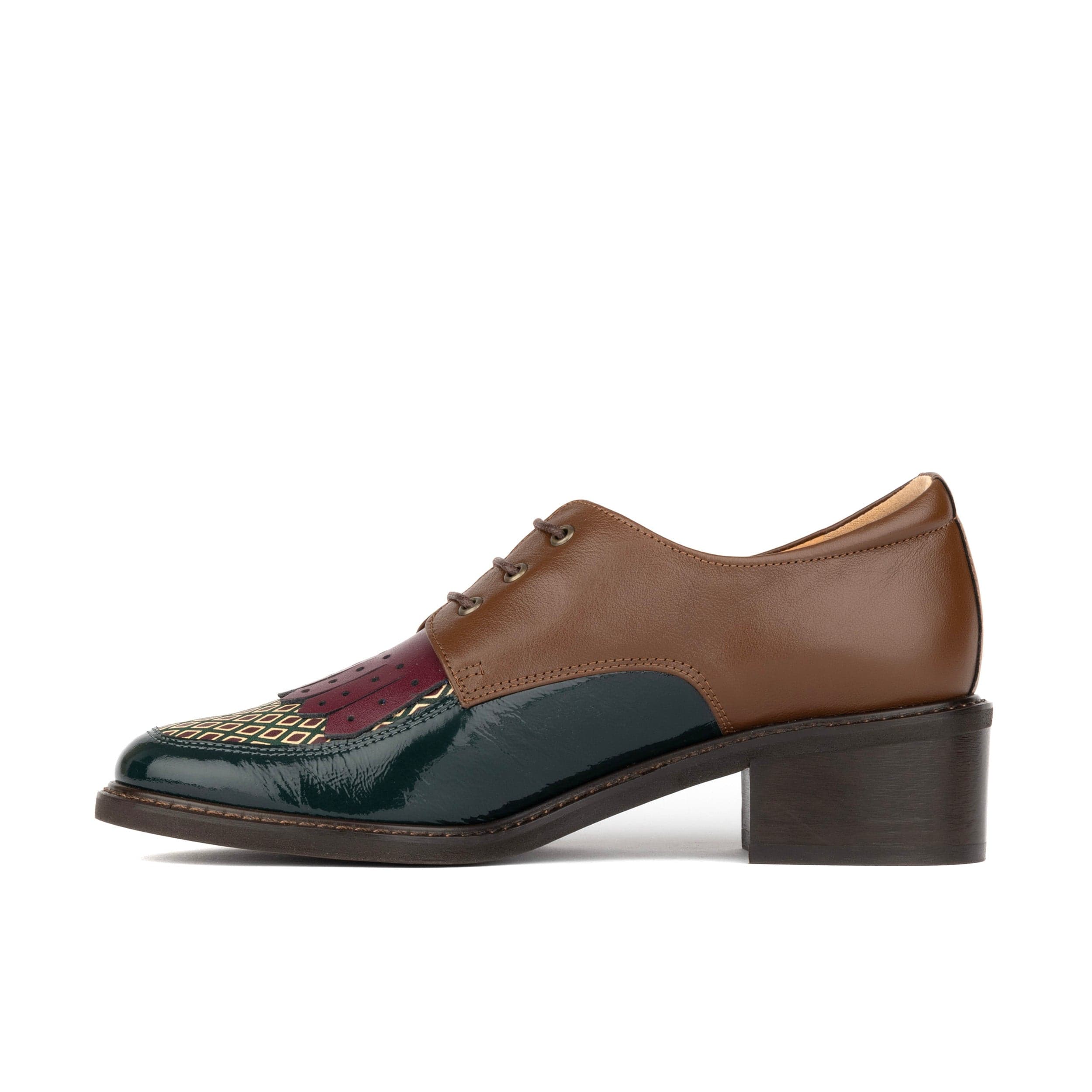Retro Tone - Green & Brown & Purple - Women's Colour-block leather lace-up with signature kiltie detail