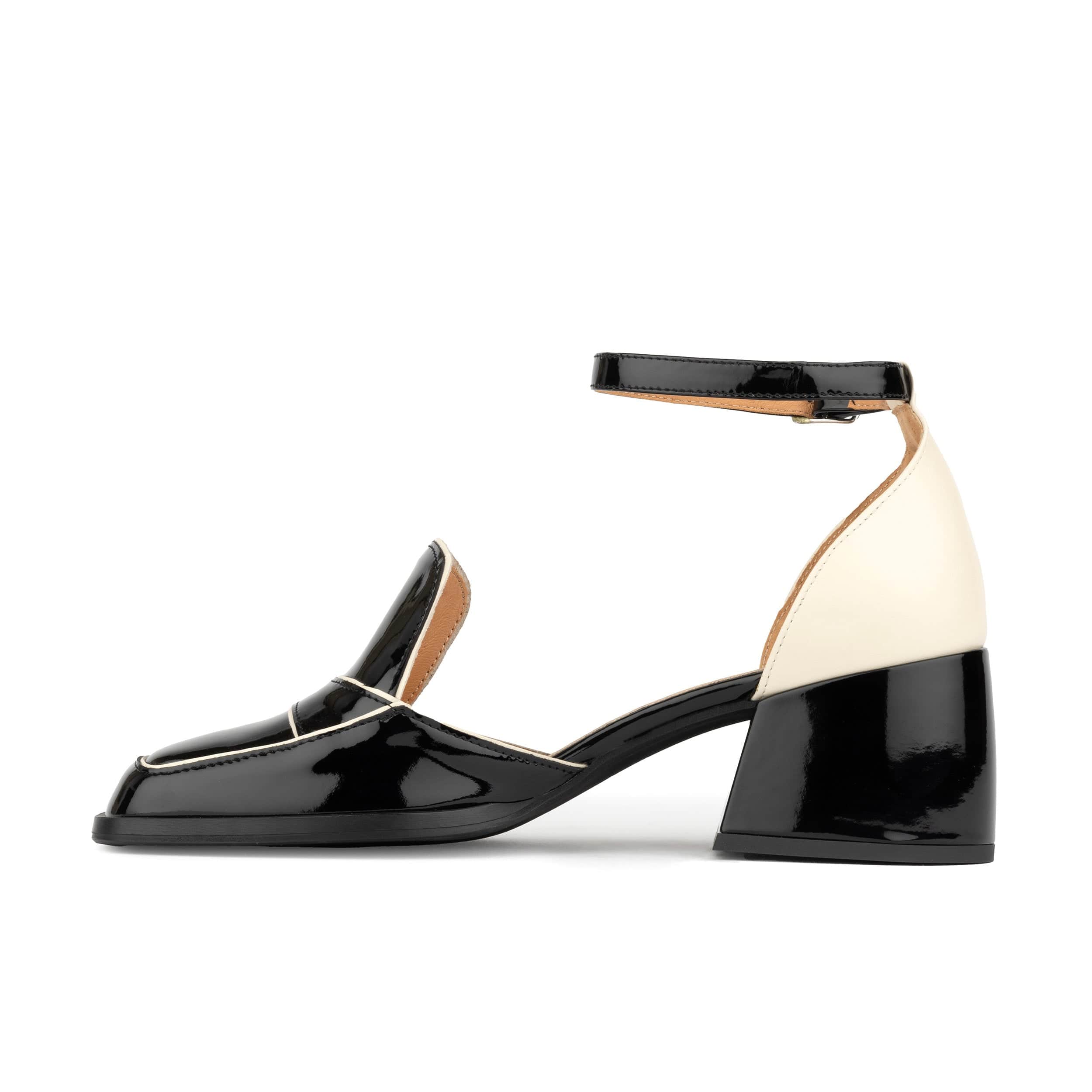 Mayfair - Black & Cream - Women's square toe patent leather 2 inch heel sandal