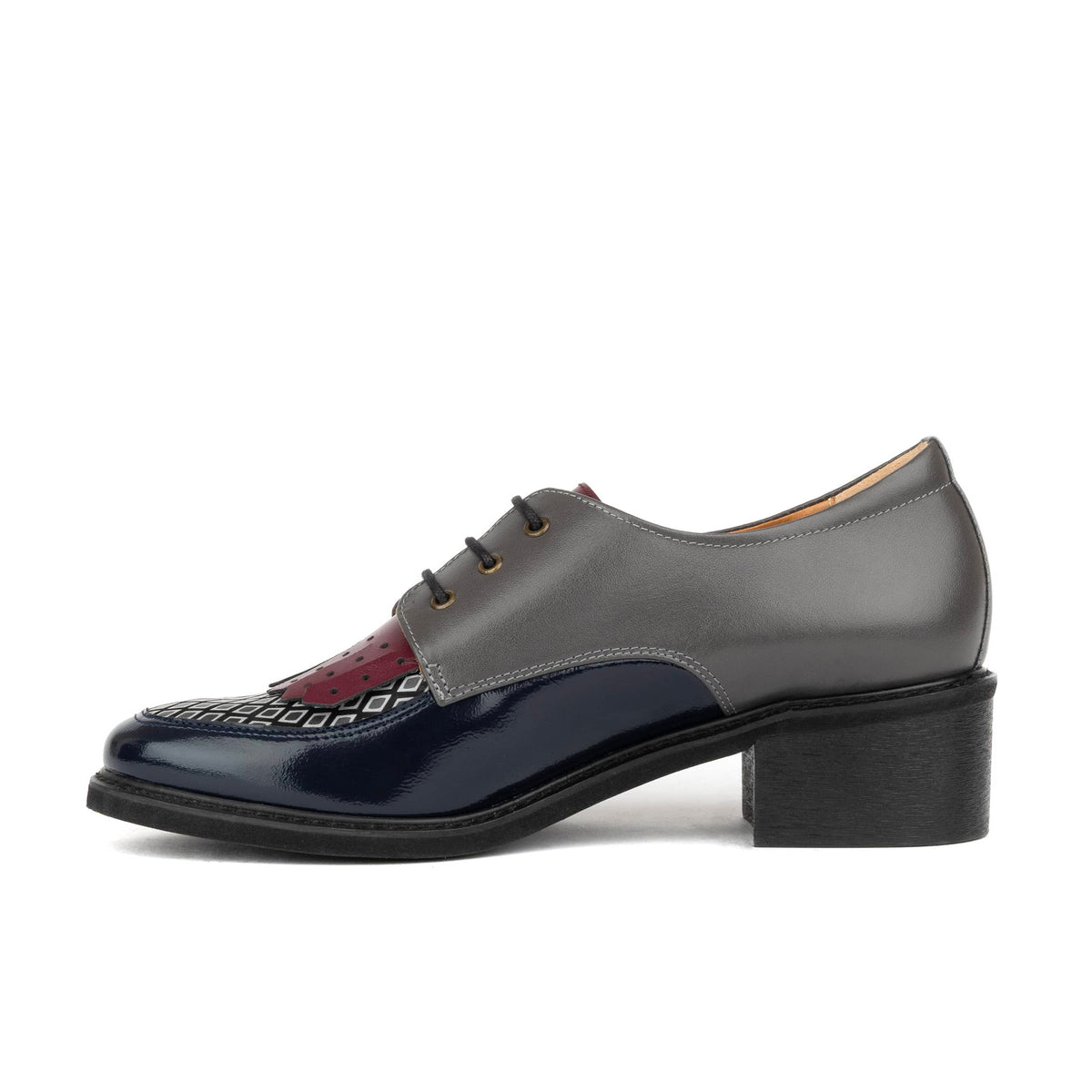 Retro Tone - Burgundy & Navy & Grey - Women's leather lace-up with signature kiltie detail