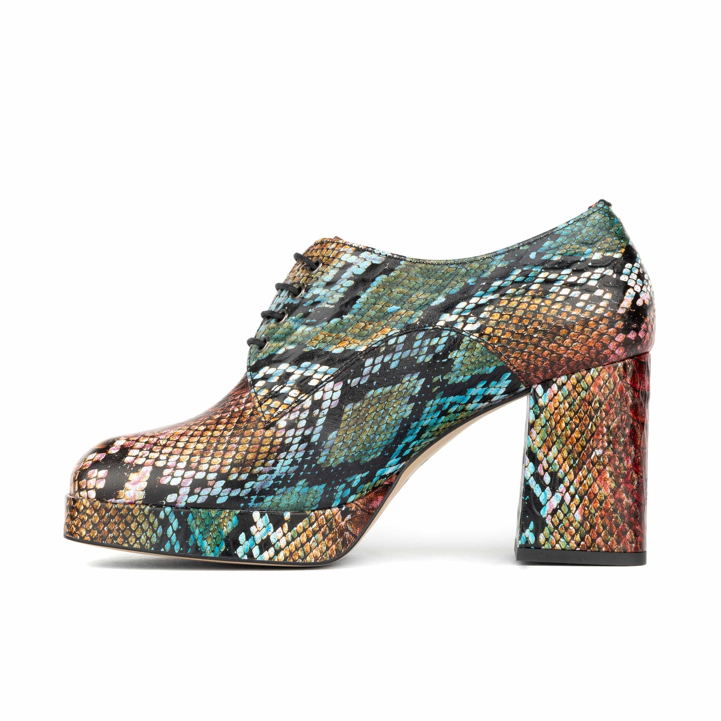 Roulette Platform - Green & Brown Snake - Women's leather oxford pump with platform and block heel