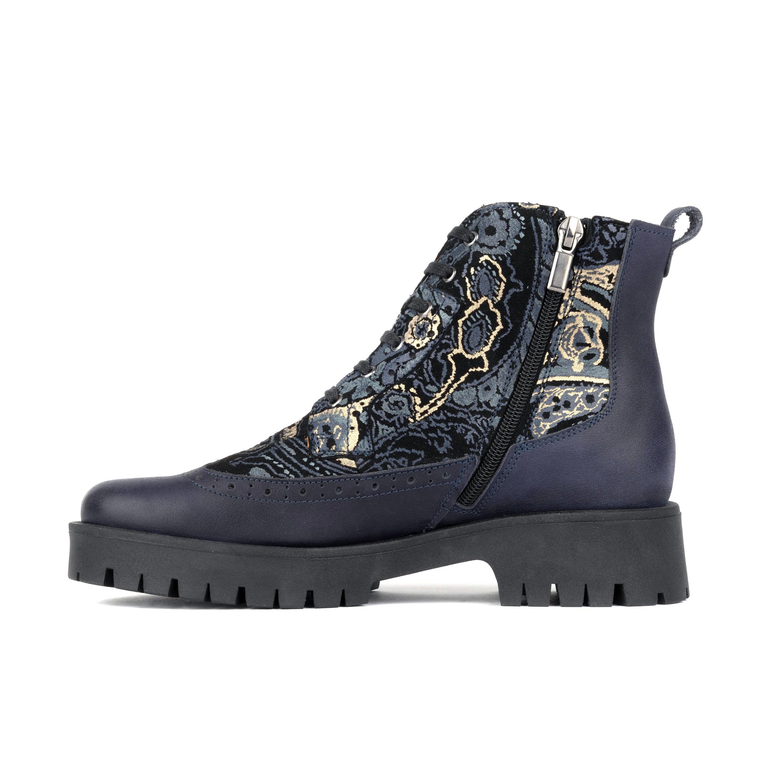 Hatter Platform - Matt Blue & Grey & Gold - Women's Leather ankle Lace-up Boot with chunky cleated sole