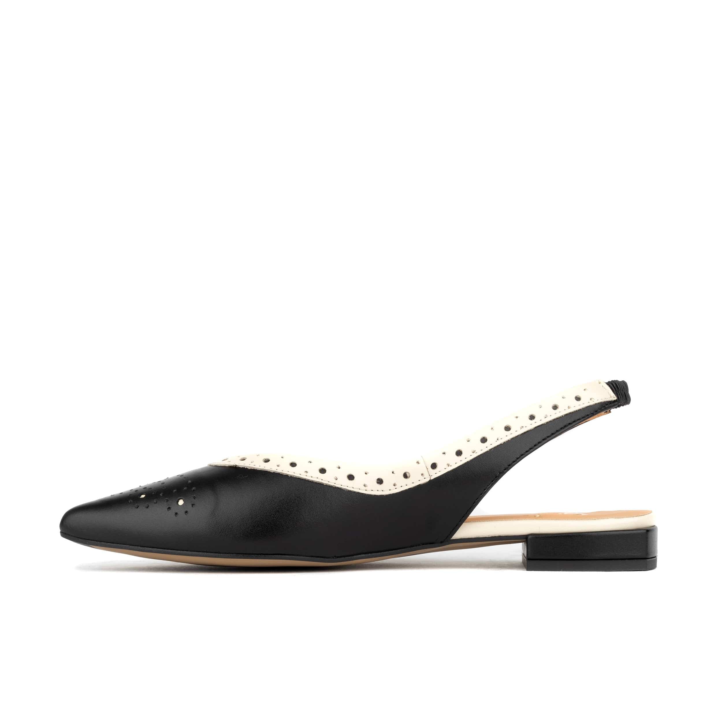 Holly - Black & Cream - Women's Leather Flat Slingback