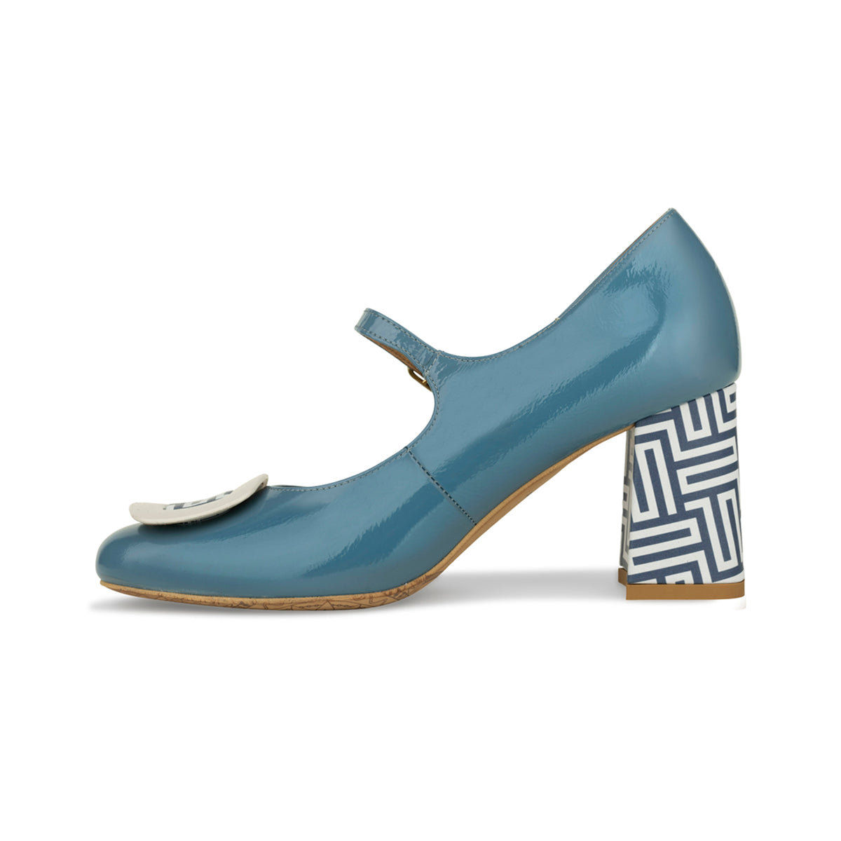 Button - Light Blue & Maze Print - Women's Leather Round-toe Mary Jane Pump with Block Heel