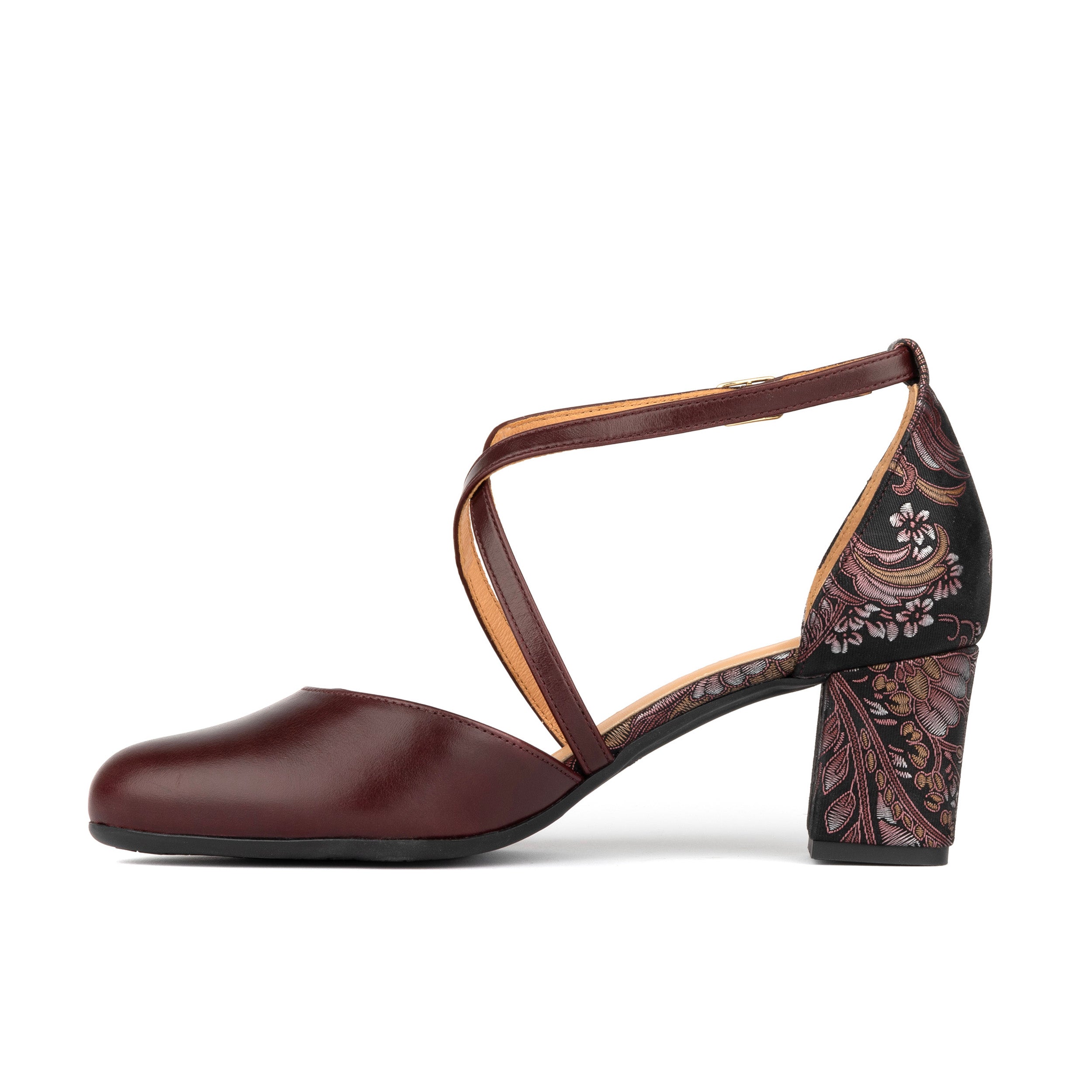 Danni - Burgundy & Floral - Women's leather closed-toe block heel