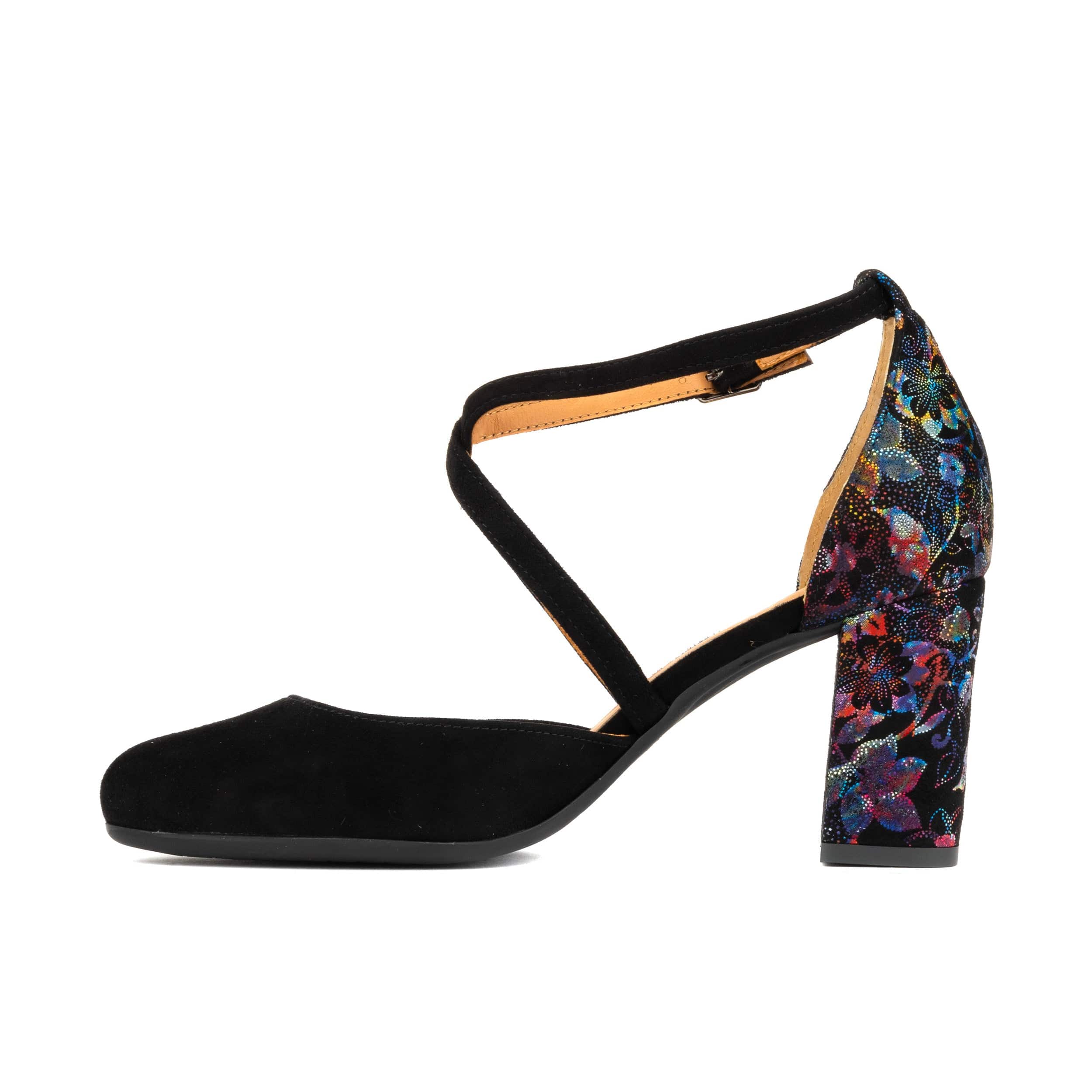 Kylie - Black Flower - Women's strappy 3 inch heel in black suede leather