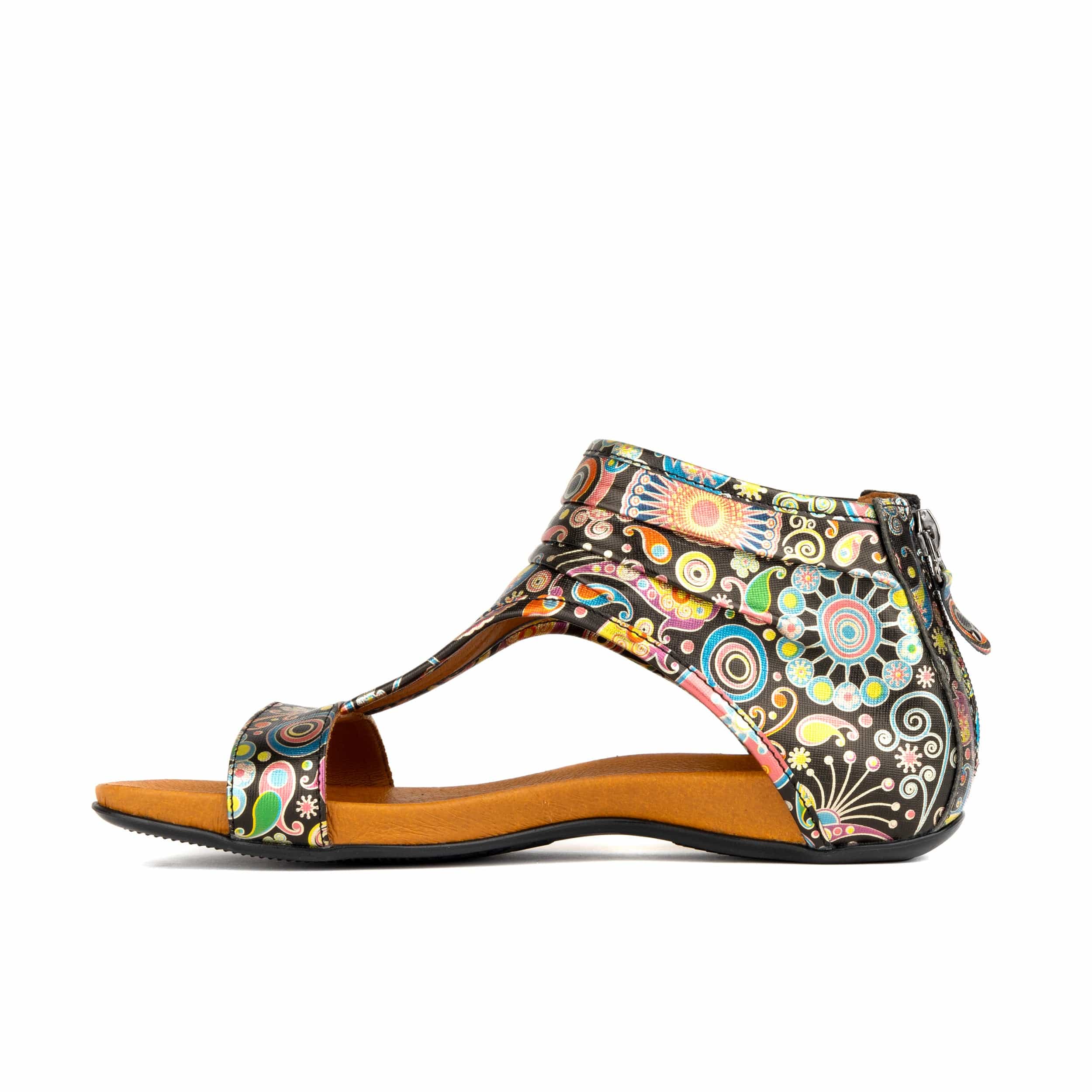 Downtown - Navy & Pink - Women's flat T-bar sandal with covered heel