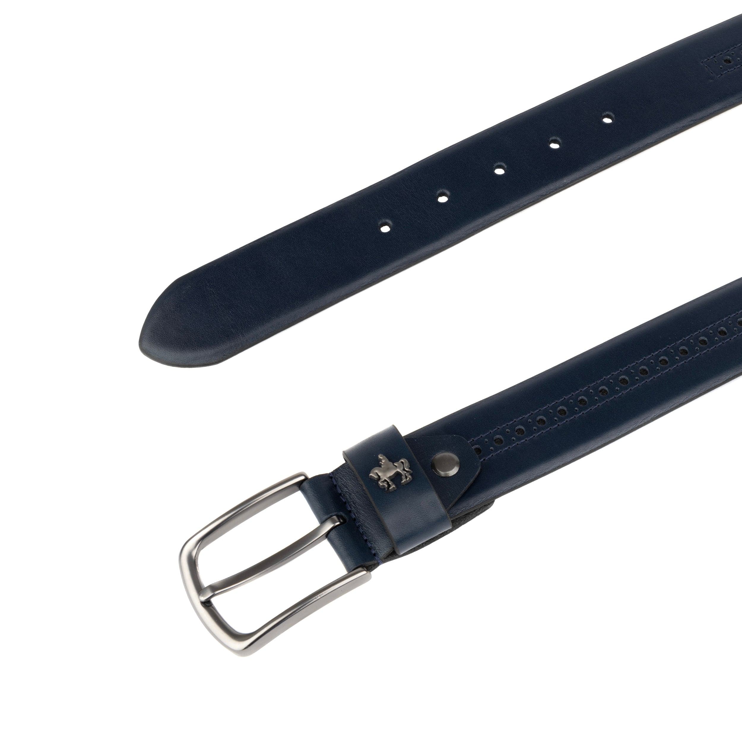Scott - Navy - Men's smooth full-grain navy leather belt with brogue style