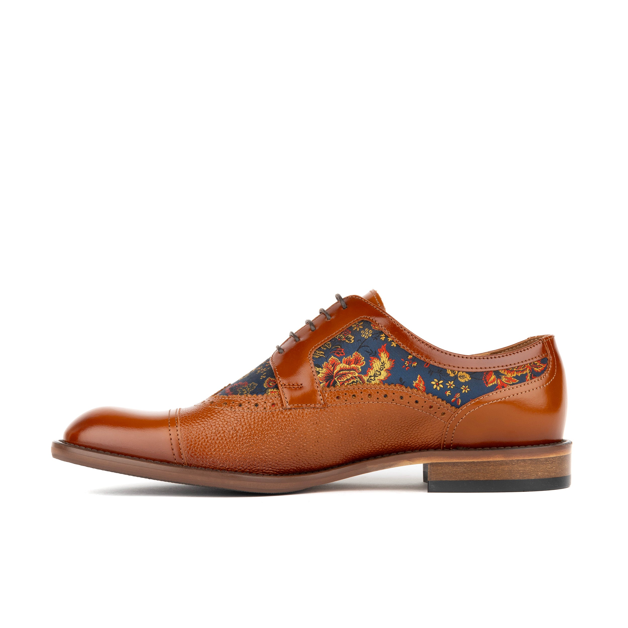Orlando - Tan & Blue Flowers - Men's leather dress shoe with floral print