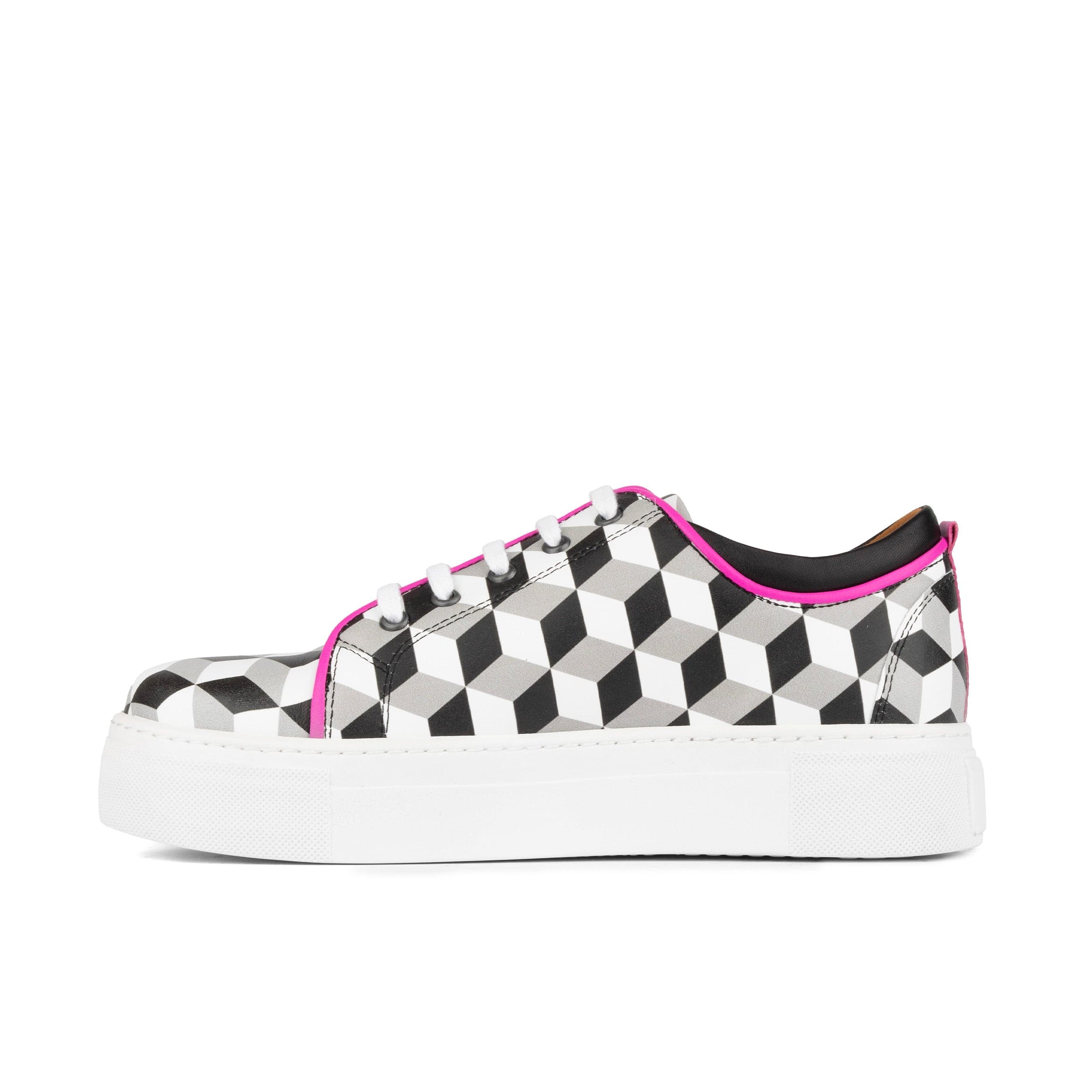 Camila - White Cubics - Women's platform sole leather lace-up trainer