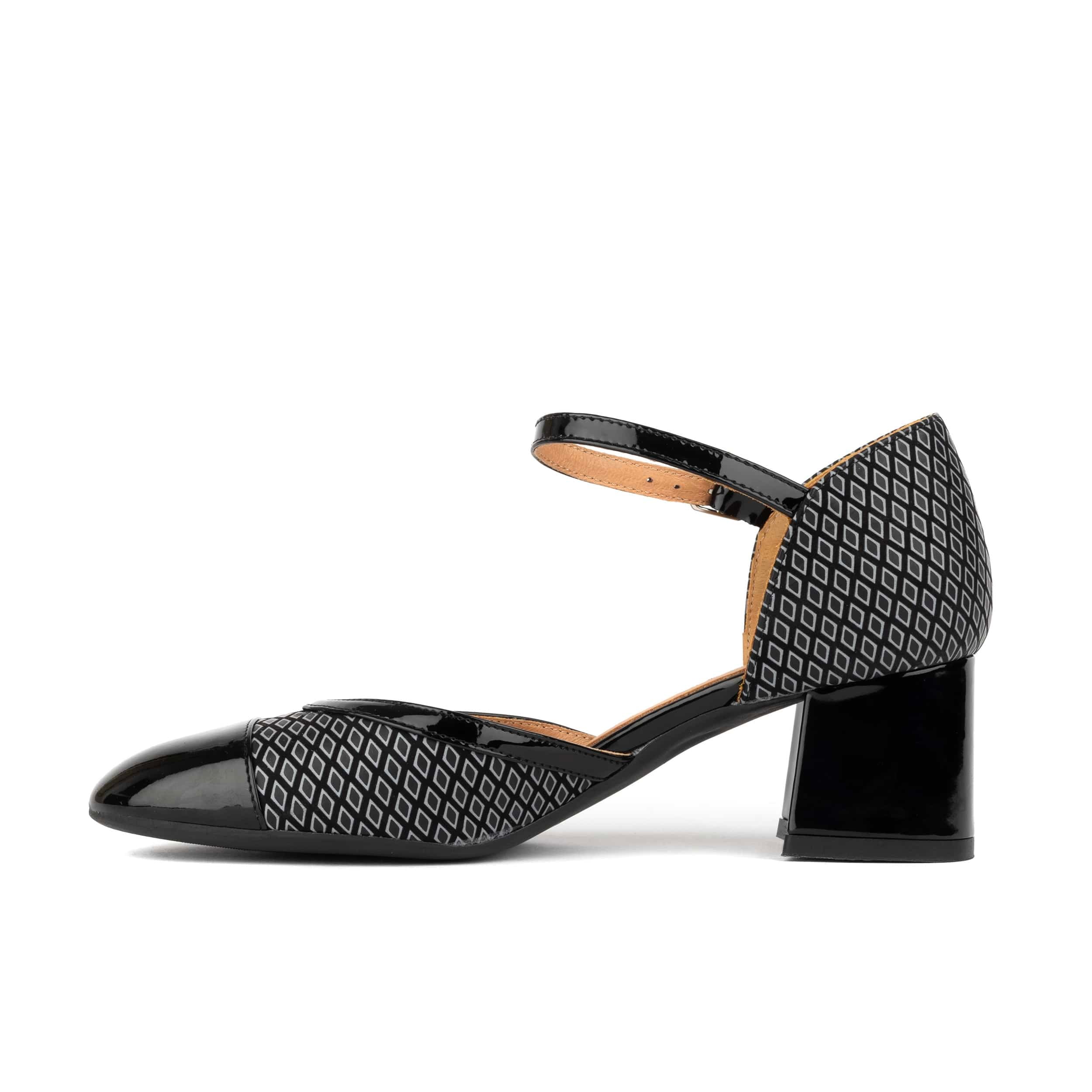 Kemi - Black & Grey Diamonds - Women's Leather Almond-Toe Block Heel