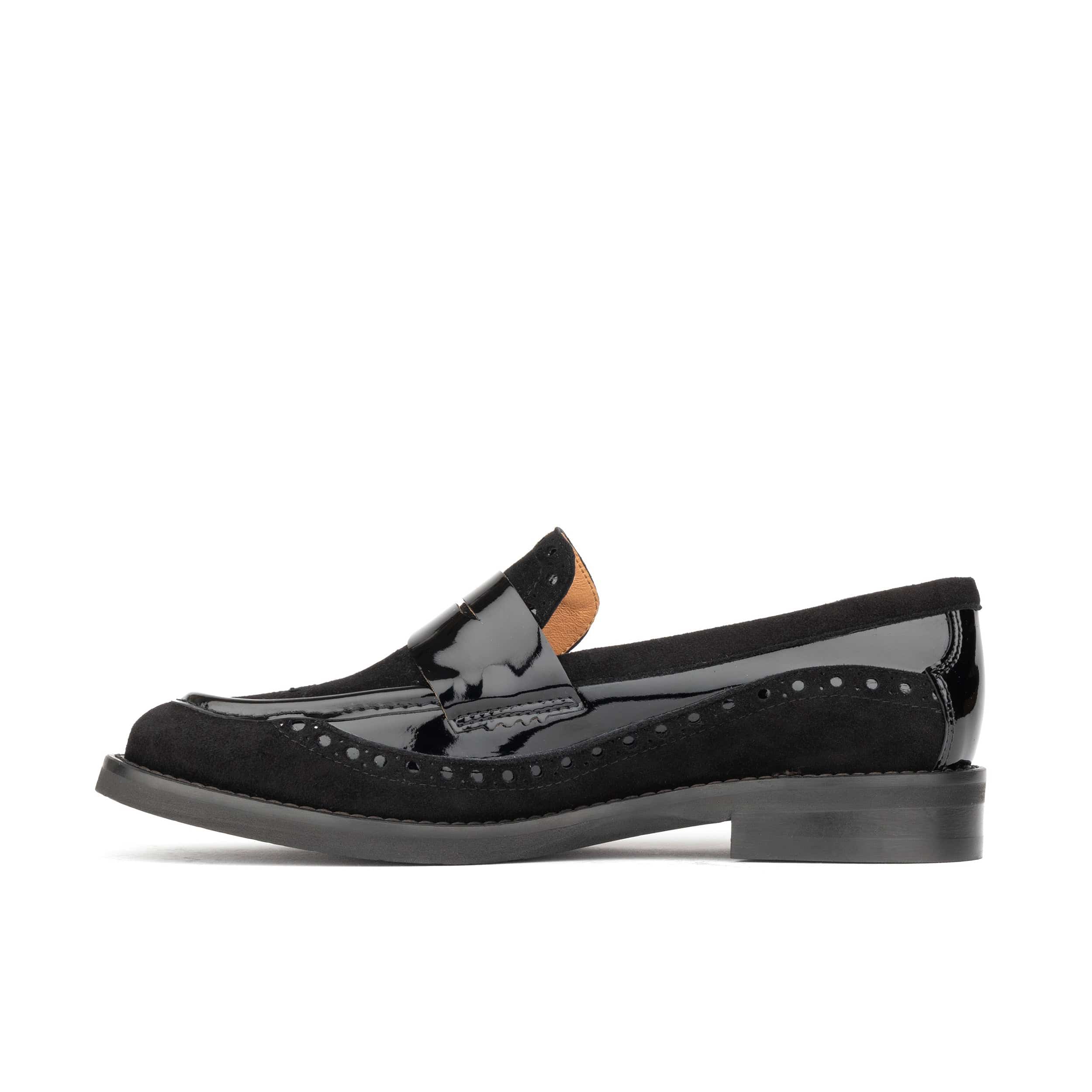 Angelina - Black - Women's leather almond toe penny loafer with broguing
