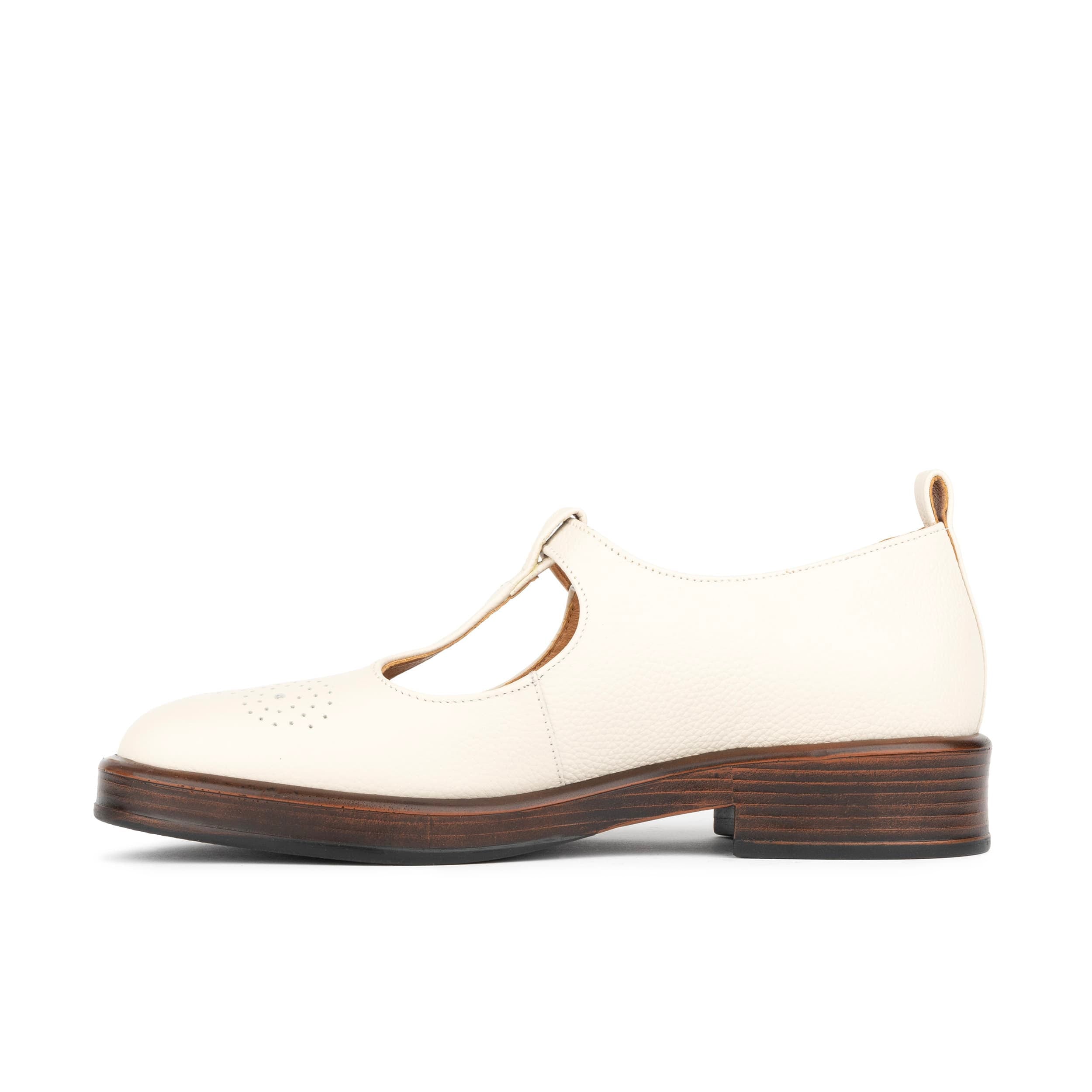 Bloom - Cream - Women's Textured Leather T-Bar Shoe with Brogue Detail
