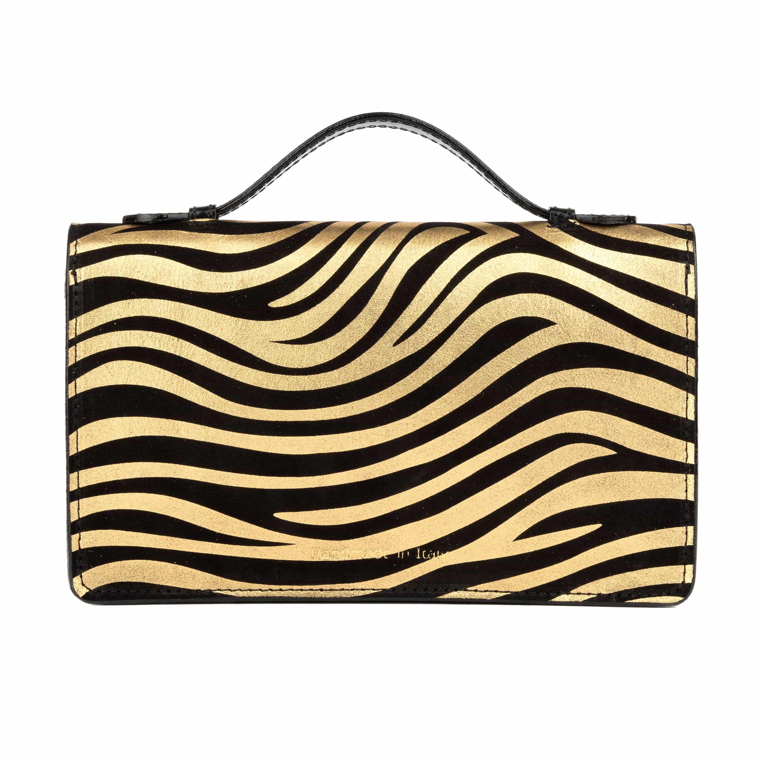 Envy - Black & Gold Stripes - Women's leather flap clutch bag with strap