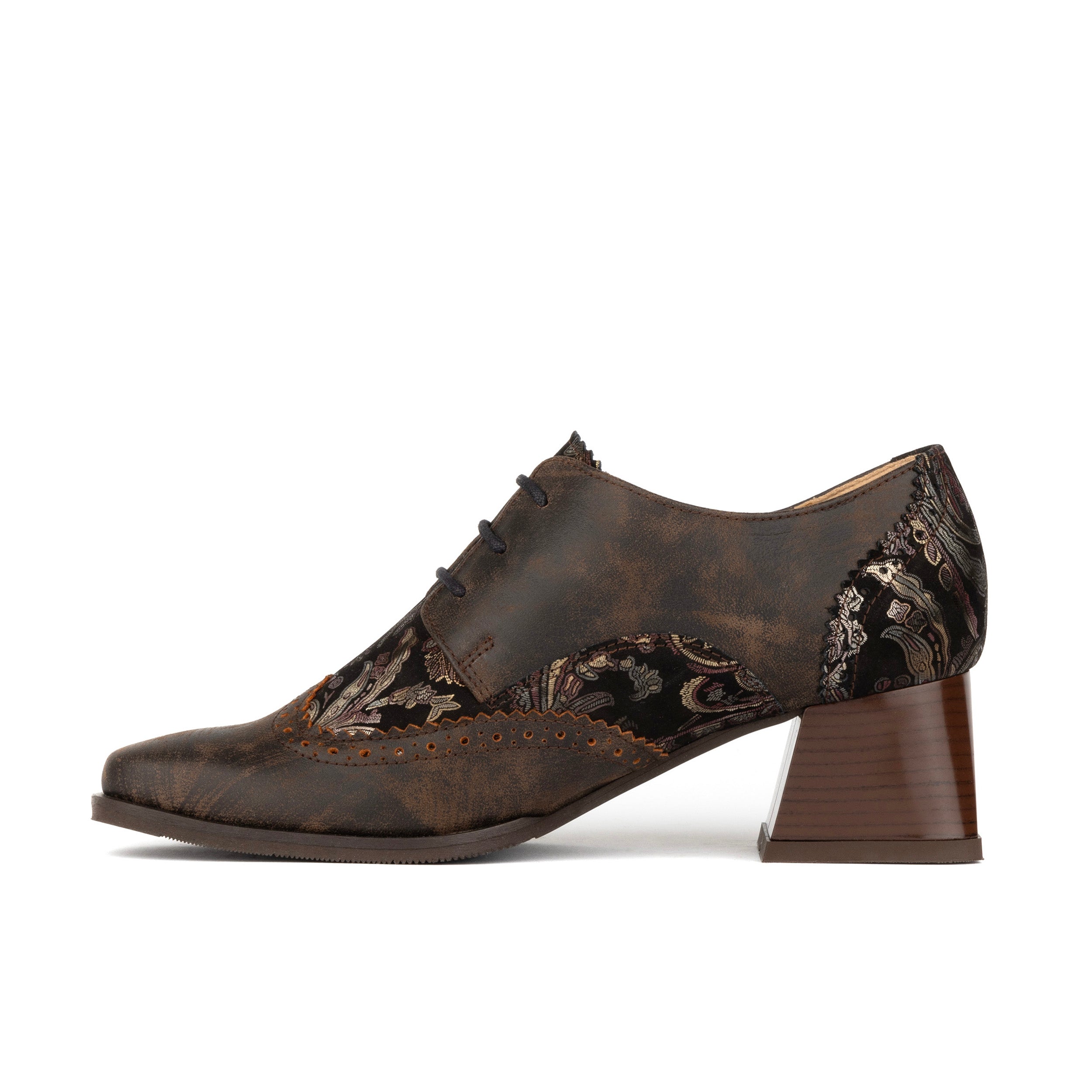 Ziggy - Brown Print - Women’s Leather & Paisley Lace-up Brogue Heel