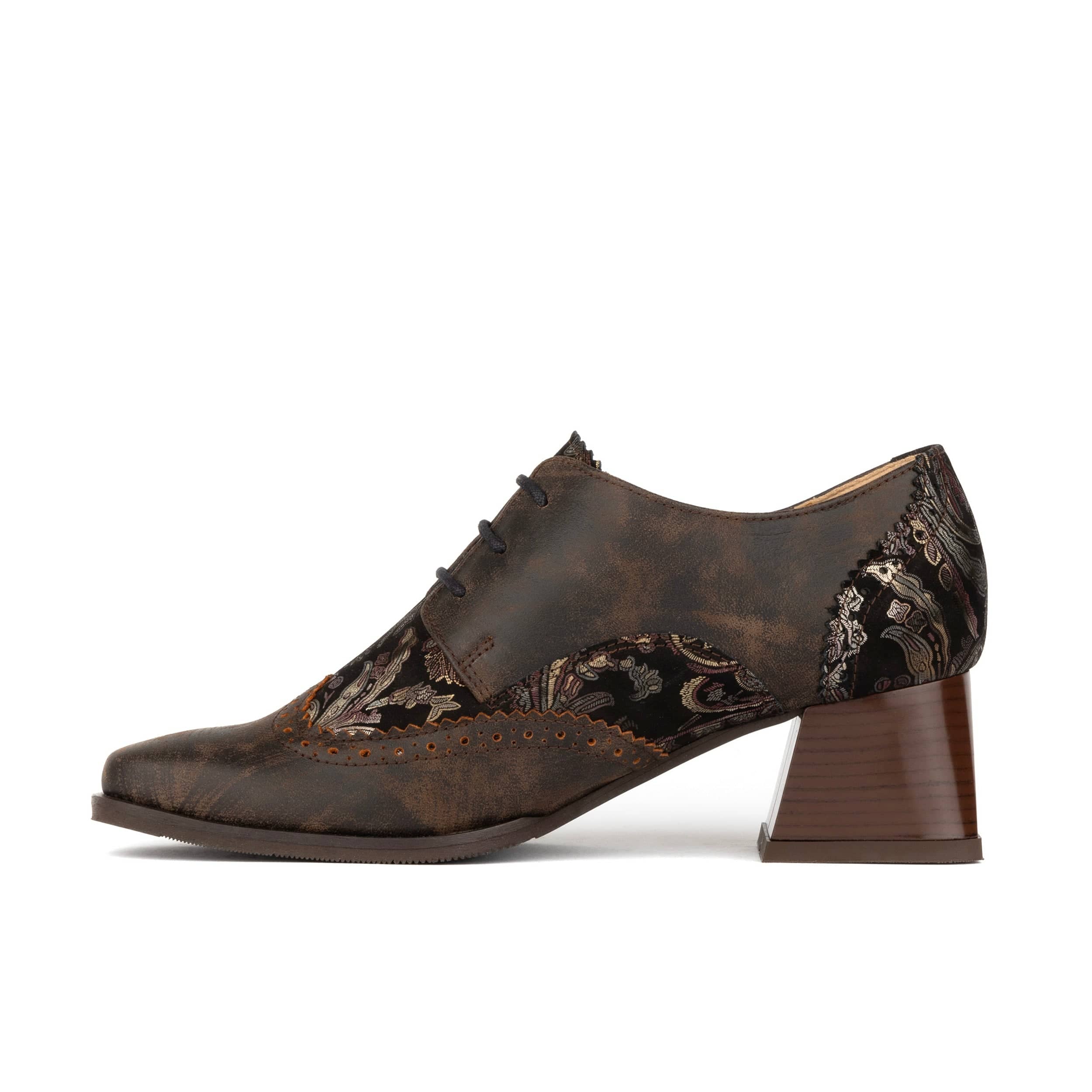 Ziggy - Brown Print - Women’s Leather & Paisley Lace-up Brogue Heel