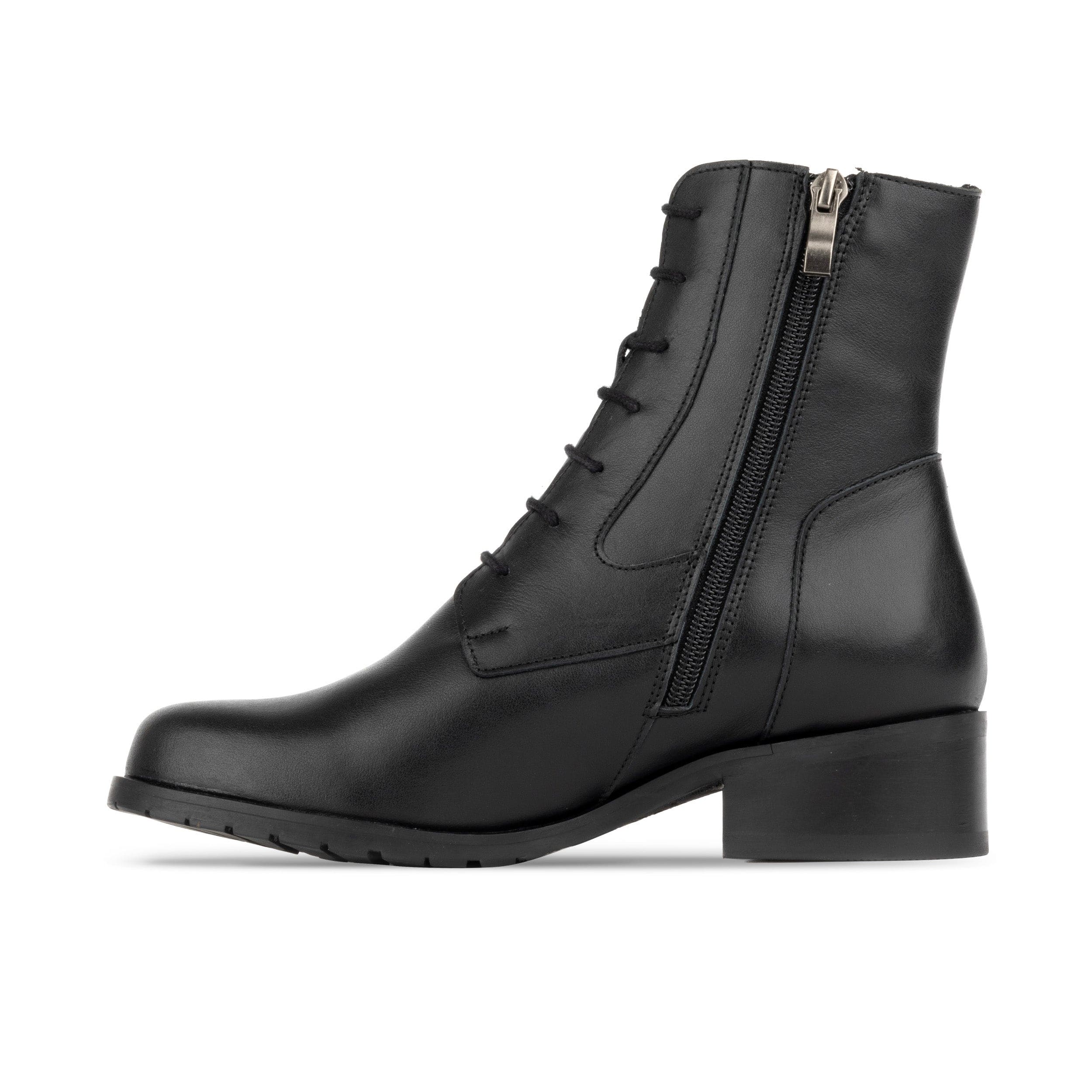 Dinah Wool - Black - Women's leather lace-up and zip-up round toe combat boot