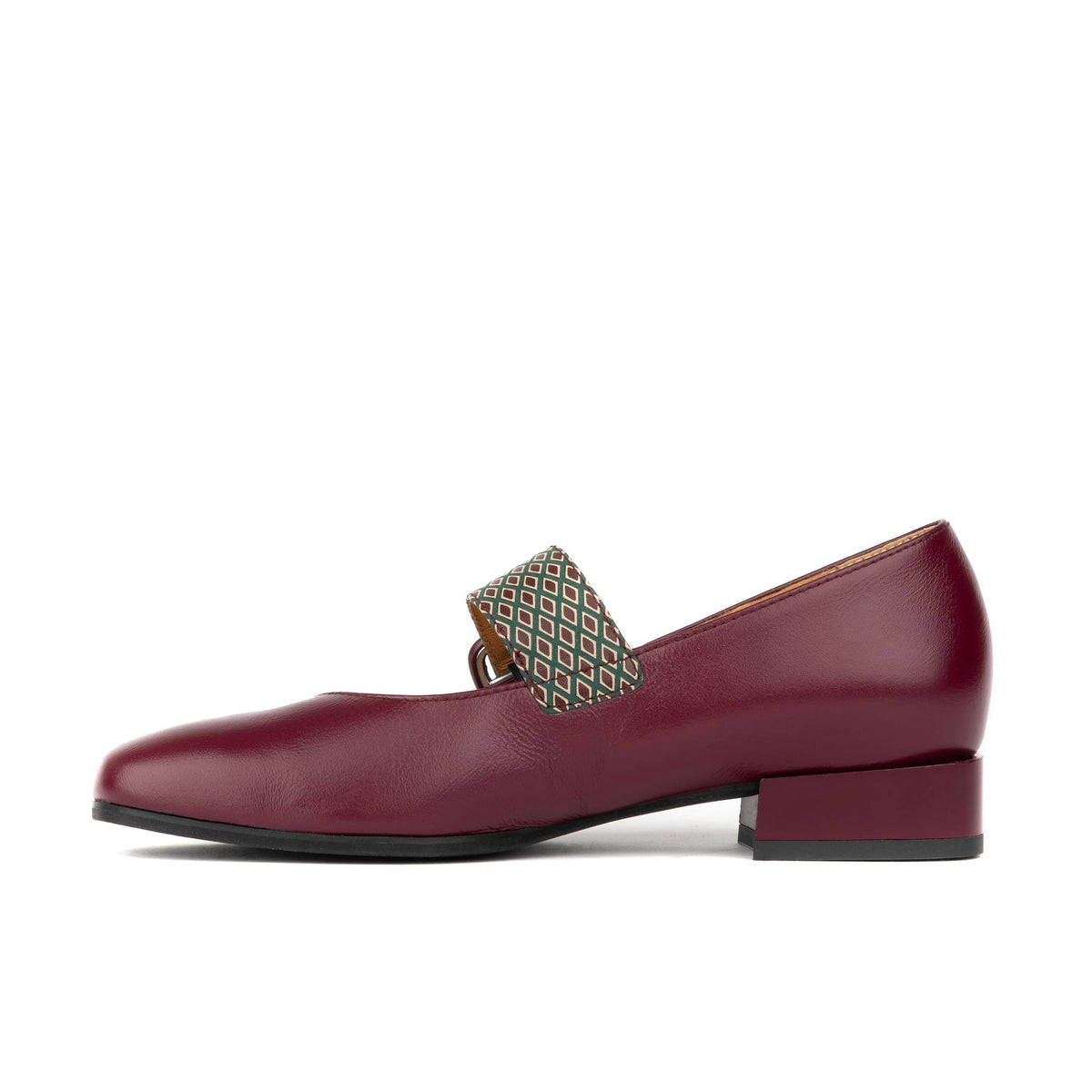 Bliss - Burgundy & Green Diamond - Women's block heel square toe patent leather Mary-Jane