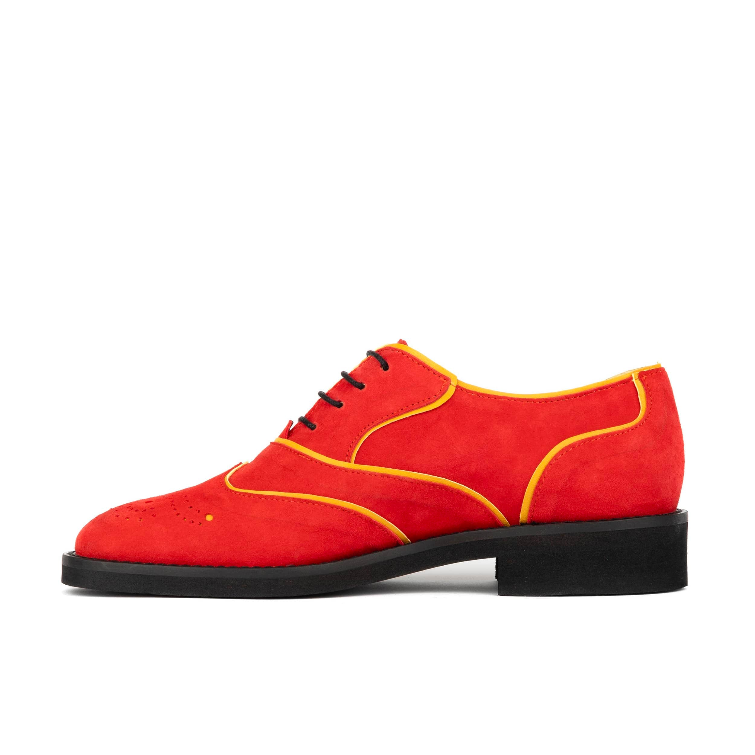 Sun - Red & Yellow - Women's Suede Wingtip Oxford Brogue with Contrast Piping