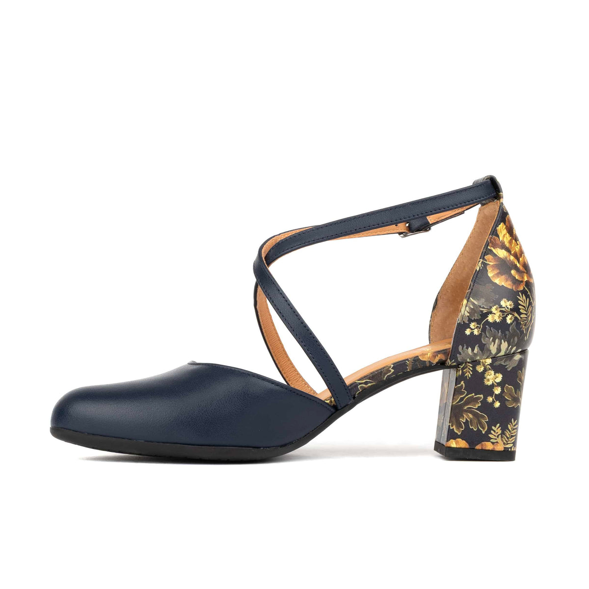 Dannii - Navy & Autumn Bloom - Women's 2.4 inch block heel closed toe leather sandal