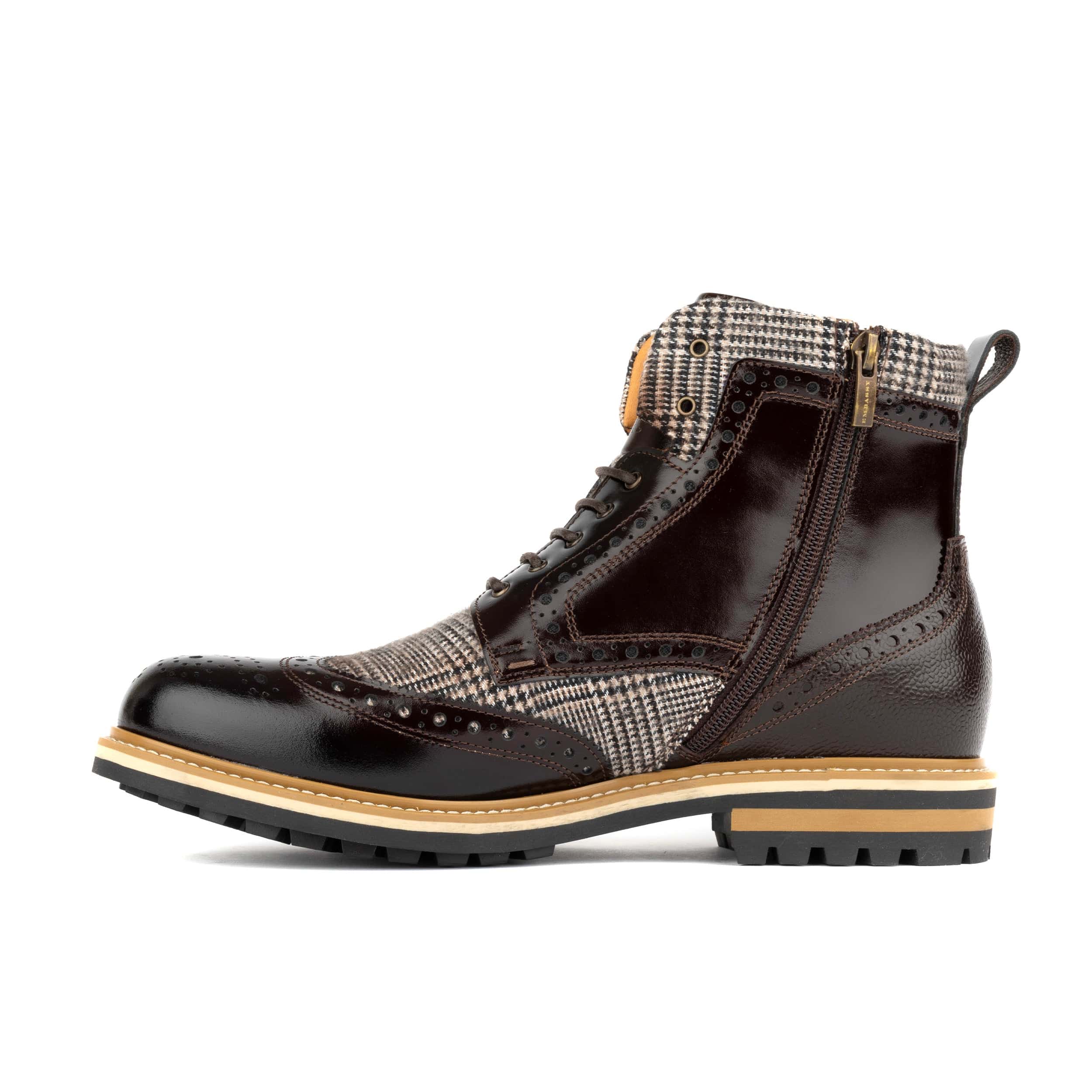 Wanderer - Brown Check - Men's leather combat style side zipper boot in brown