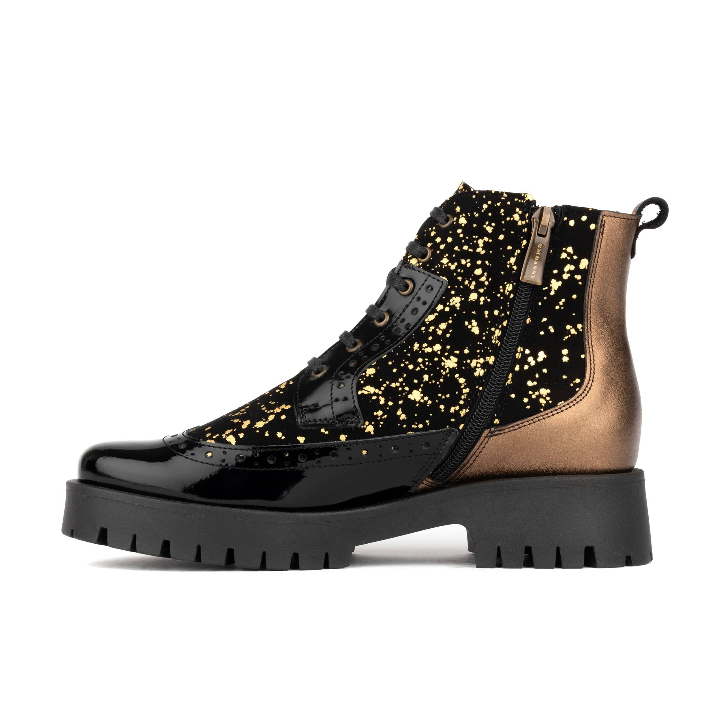 Hatter Platform - Black Gold Drops - Women's Leather Ankle Lace-up Boot with cleated platform sole